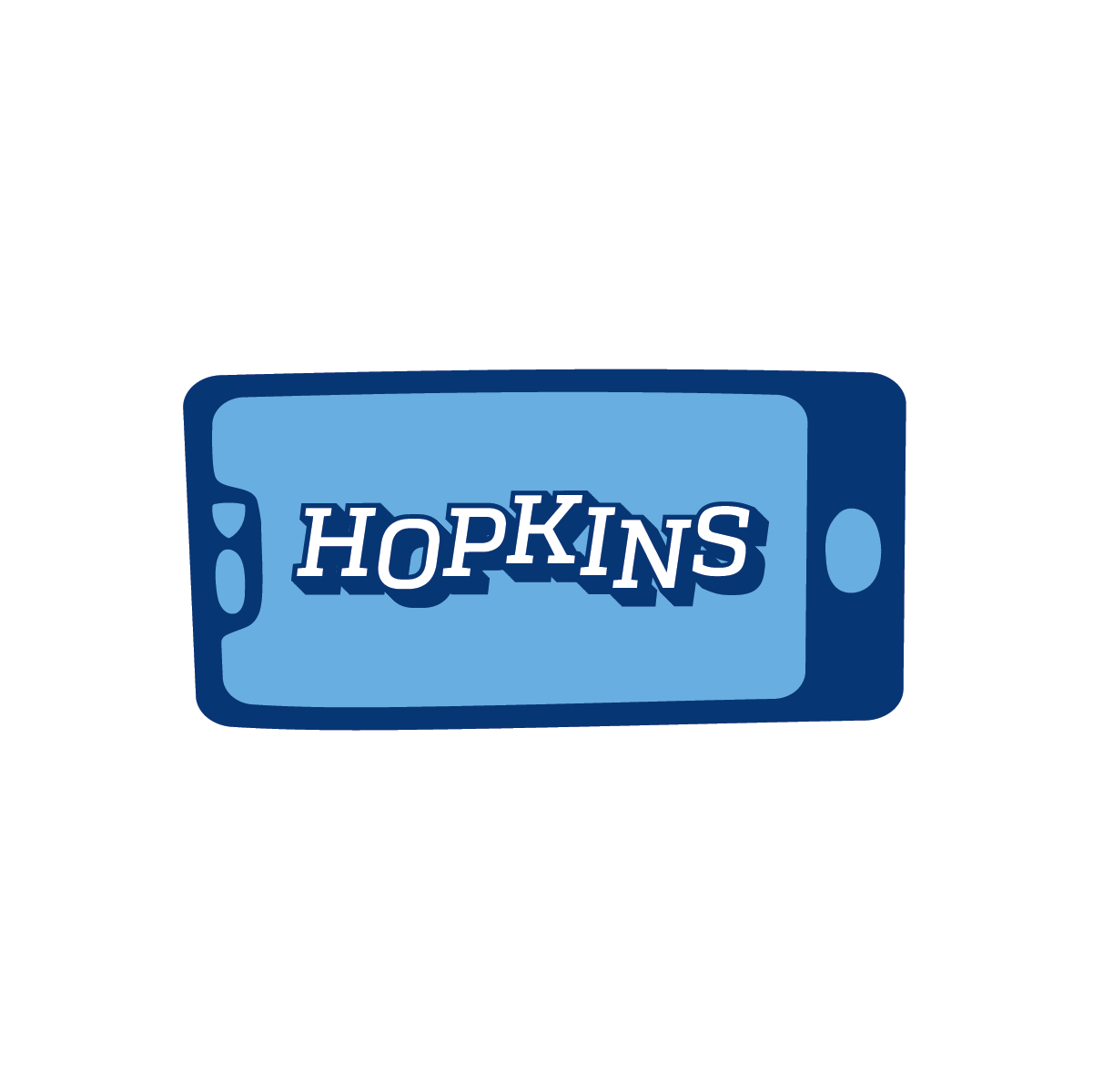 A digital illustration of a smartphone with the word 'HOPKINS' on its screen in blue and white colors.