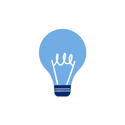 An illustration of a light bulb with a blue circle inside the filament area, and the word 'ideas' written above it.