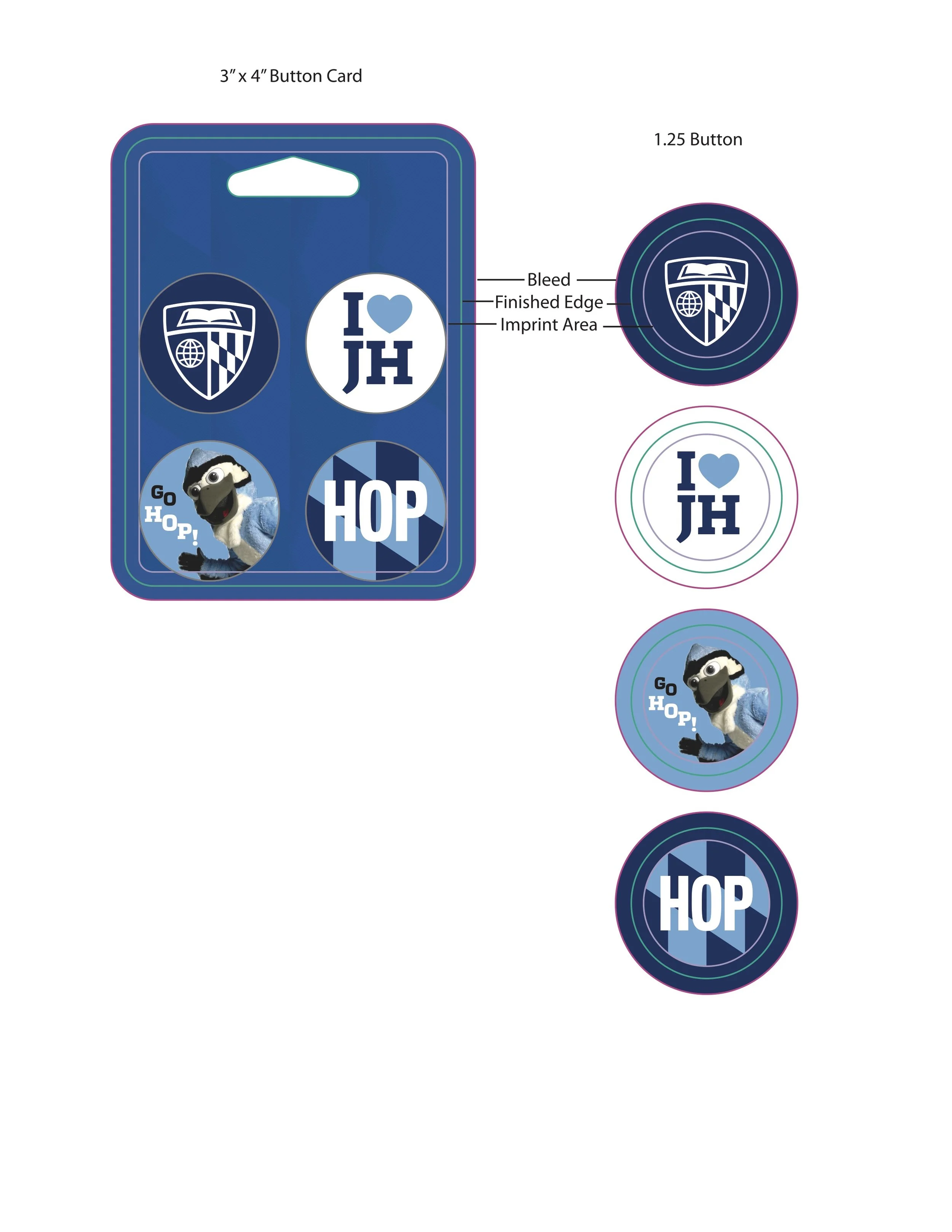 Guide showing different designs and sizes for buttons and stickers featuring characters and logos from the TV show 'LazyTown,' including a shield emblem, a white circle with 'I ❤️ JH,' a puppet character with the text 'Go HOP!,' and the word 'HOP' in