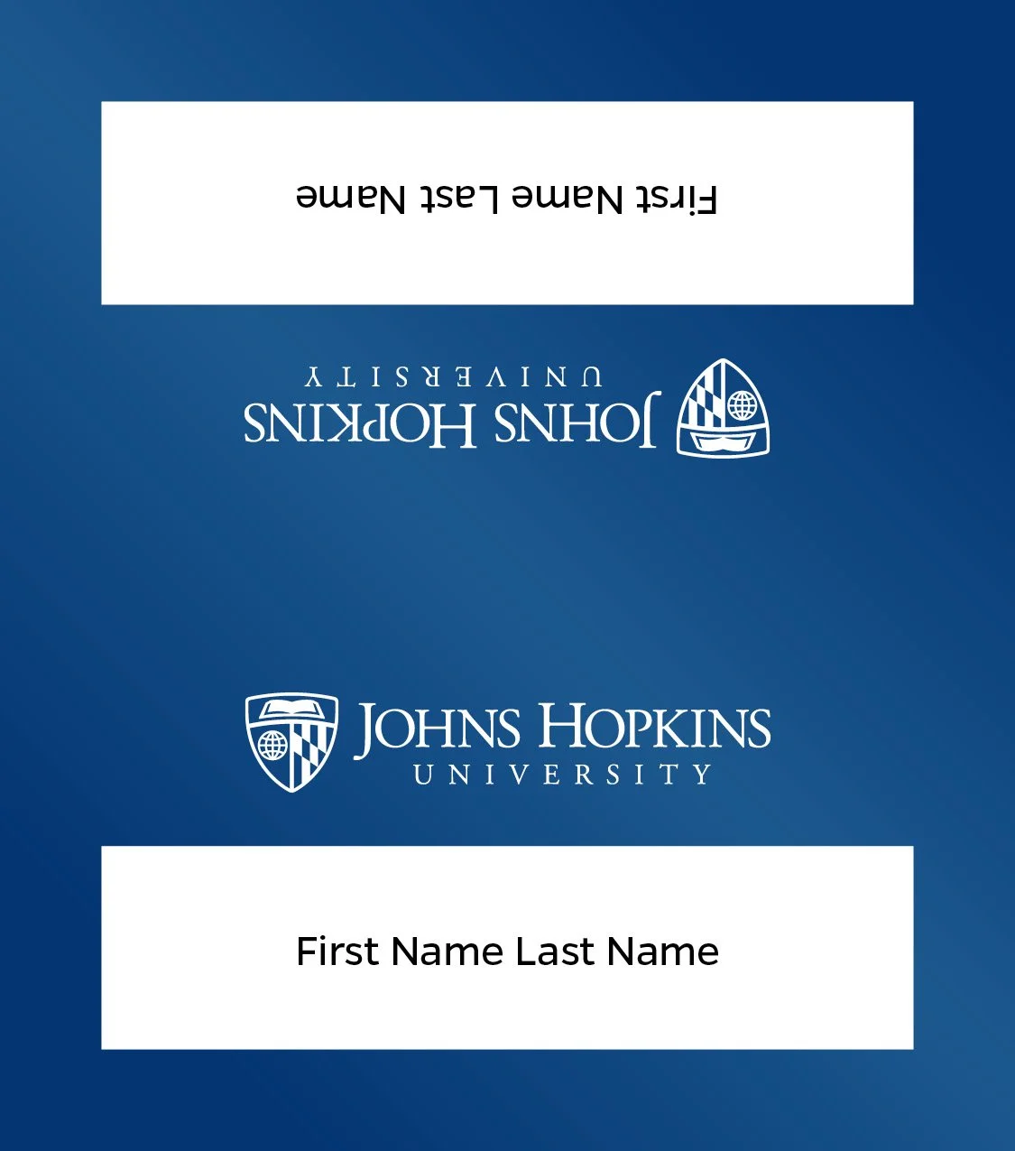 A university name badge for Johns Hopkins University with space for first and last name, featuring the university logo and branding.