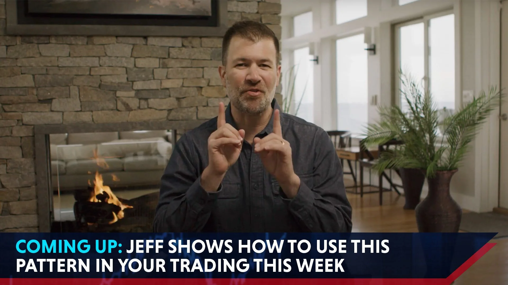 TV news segment with a man named Jeff, seated indoors in front of a fireplace and a potted plant, discussing trading patterns.