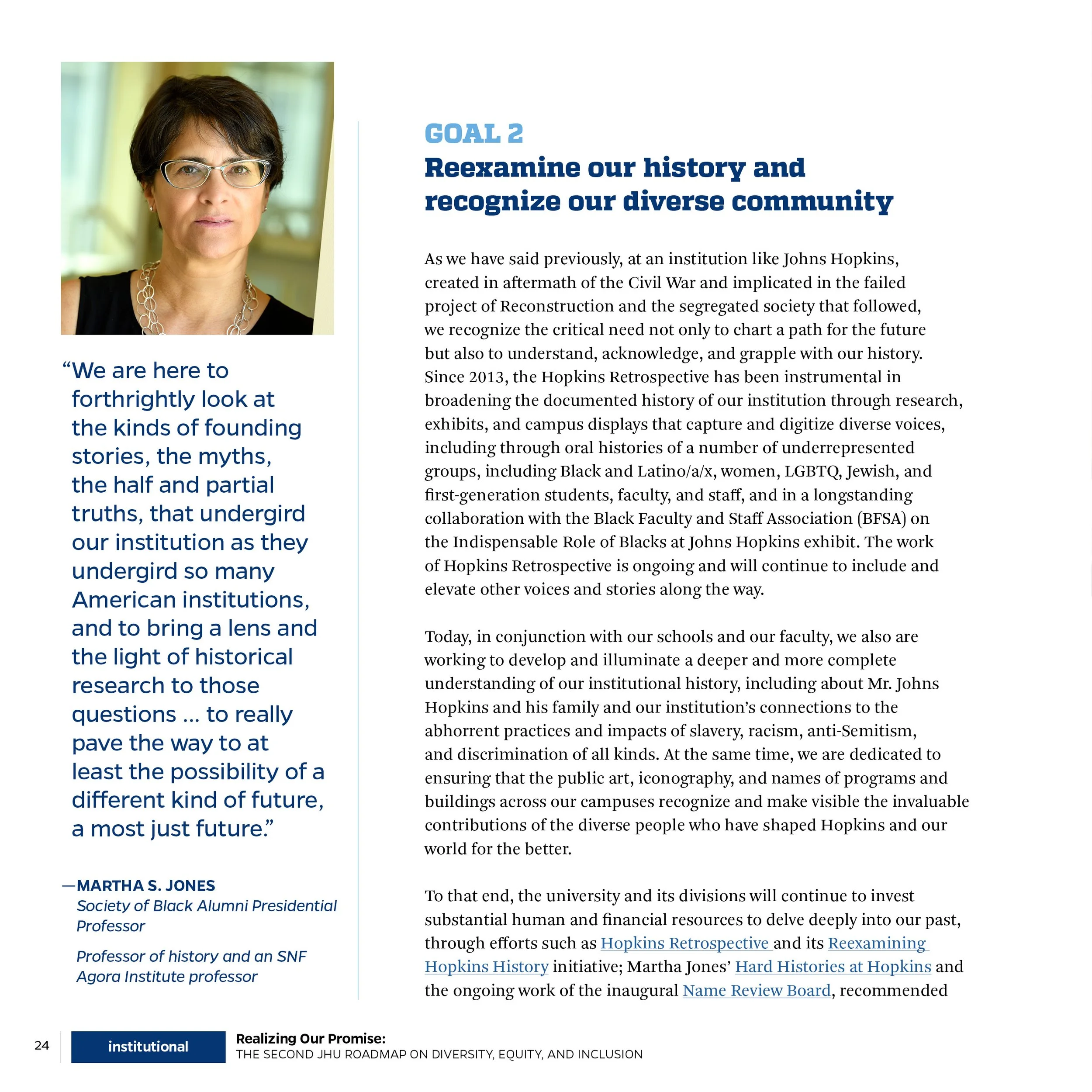 Photograph of a woman with short dark hair and glasses, wearing a black top and a gold necklace, positioned to the left of a document page discussing reconceptualizing history and community diversity at Johns Hopkins University.