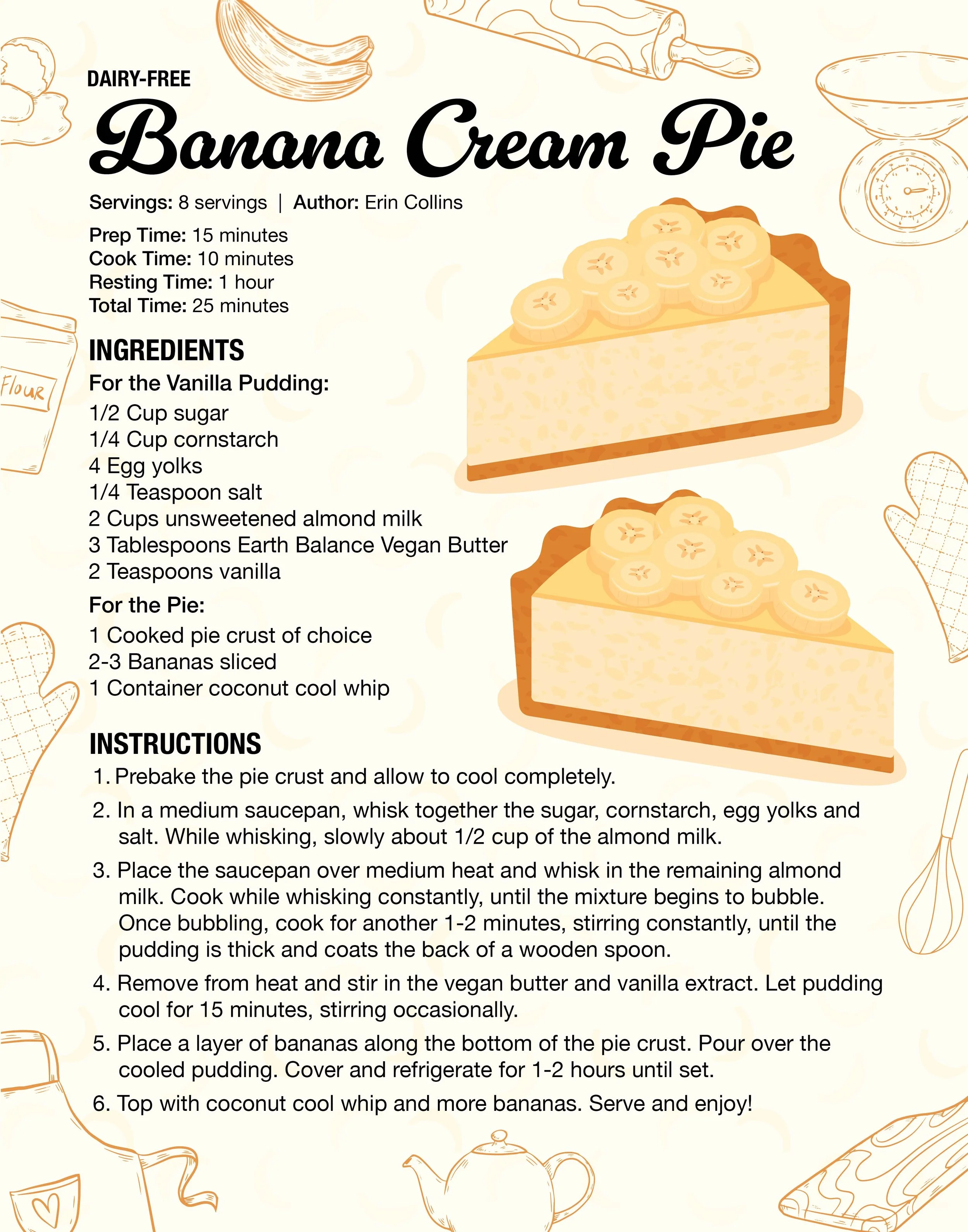 A recipe card for dairy-free banana cream pie with illustrations of a banana, rolling pin, baking scale, flour bag, whisk, teapot, and spatula. The card has text with ingredients and instructions for making the pie with banana slices and coconut whip