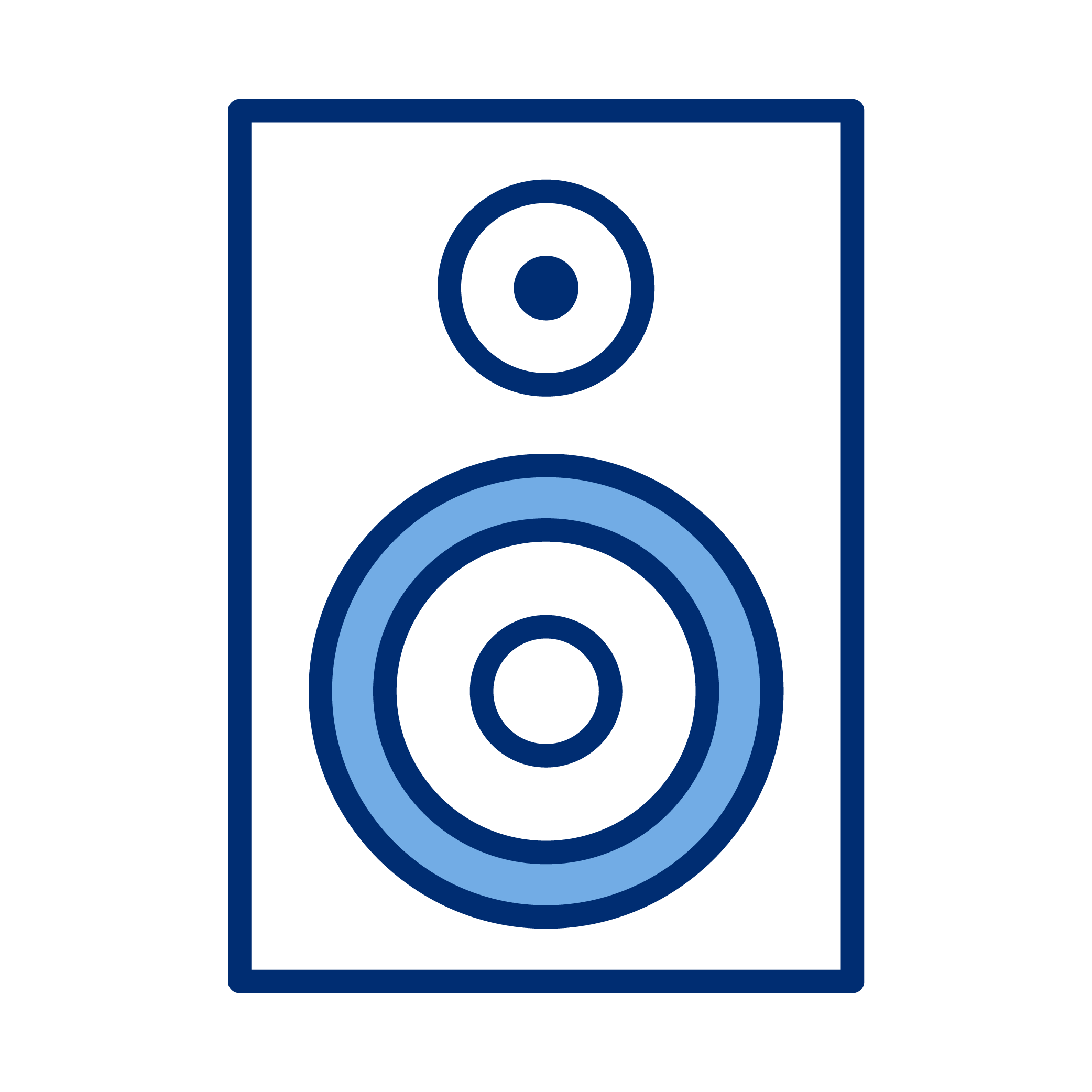 Outline of a black speaker with a blue border, two circular elements representing speakers inside, one small at the top and one large at the bottom.