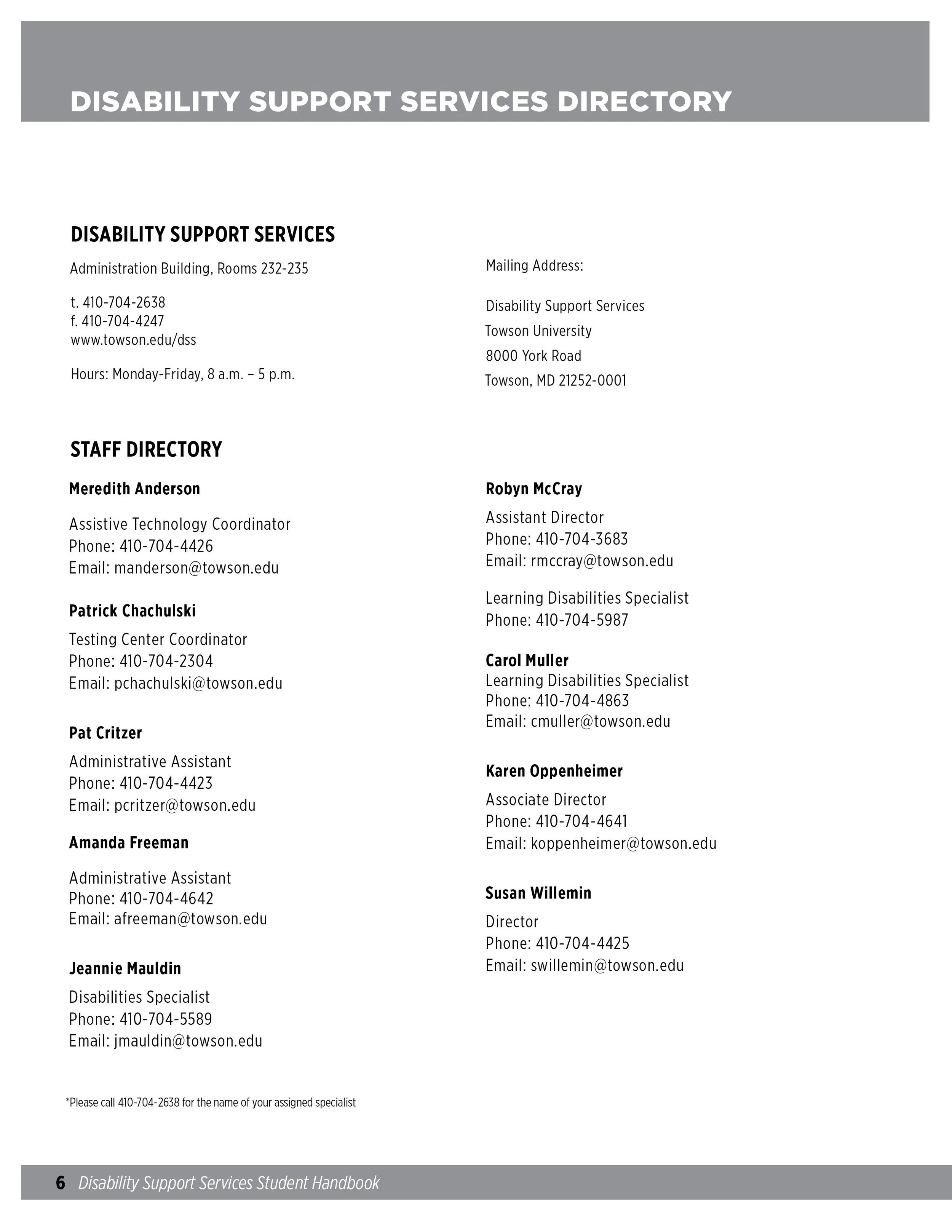 Document titled 'Disability Support Services Directory' with contact information for the office, and a staff directory listing names, titles, phone numbers, and emails of staff members at Towson University.