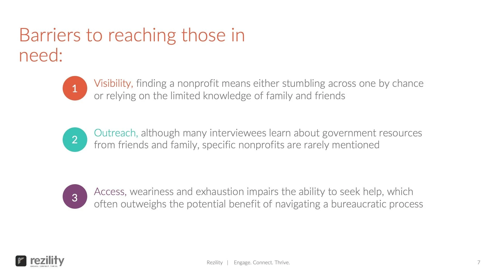 Slide titled "Barriers to reaching those in need" listing three points: 1. Visibility, with explanation about stumbling across nonprofits or relying on limited knowledge. 2. Outreach, mentioning government resources versus nonprofits. 3. Access, disc