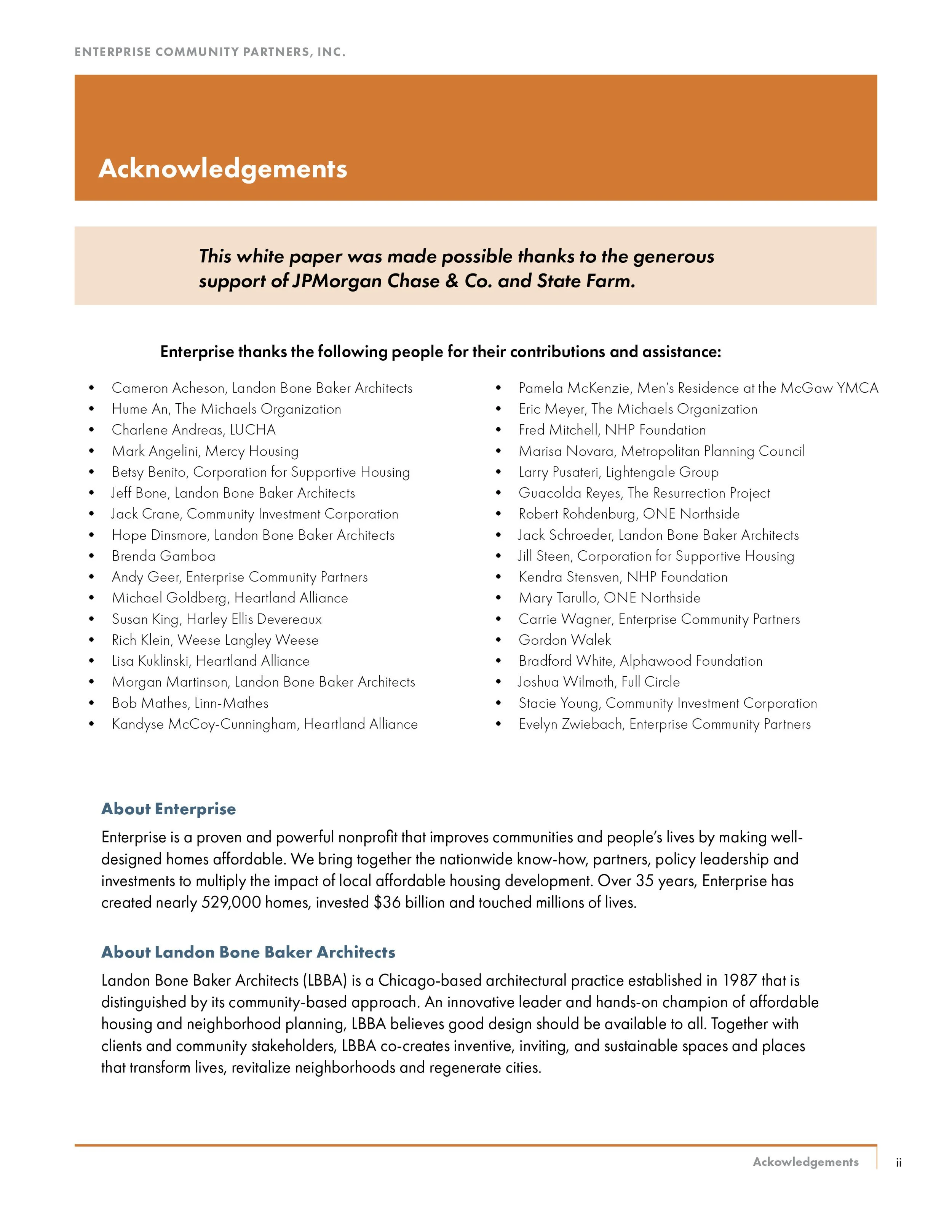 Page from a report with an orange header titled 'Acknowledgements', listing organizations and individuals thanked for their support, including Enterprise Community Partners, Landon Bone Baker Architects, and Heartland Alliance. Contains a section abo