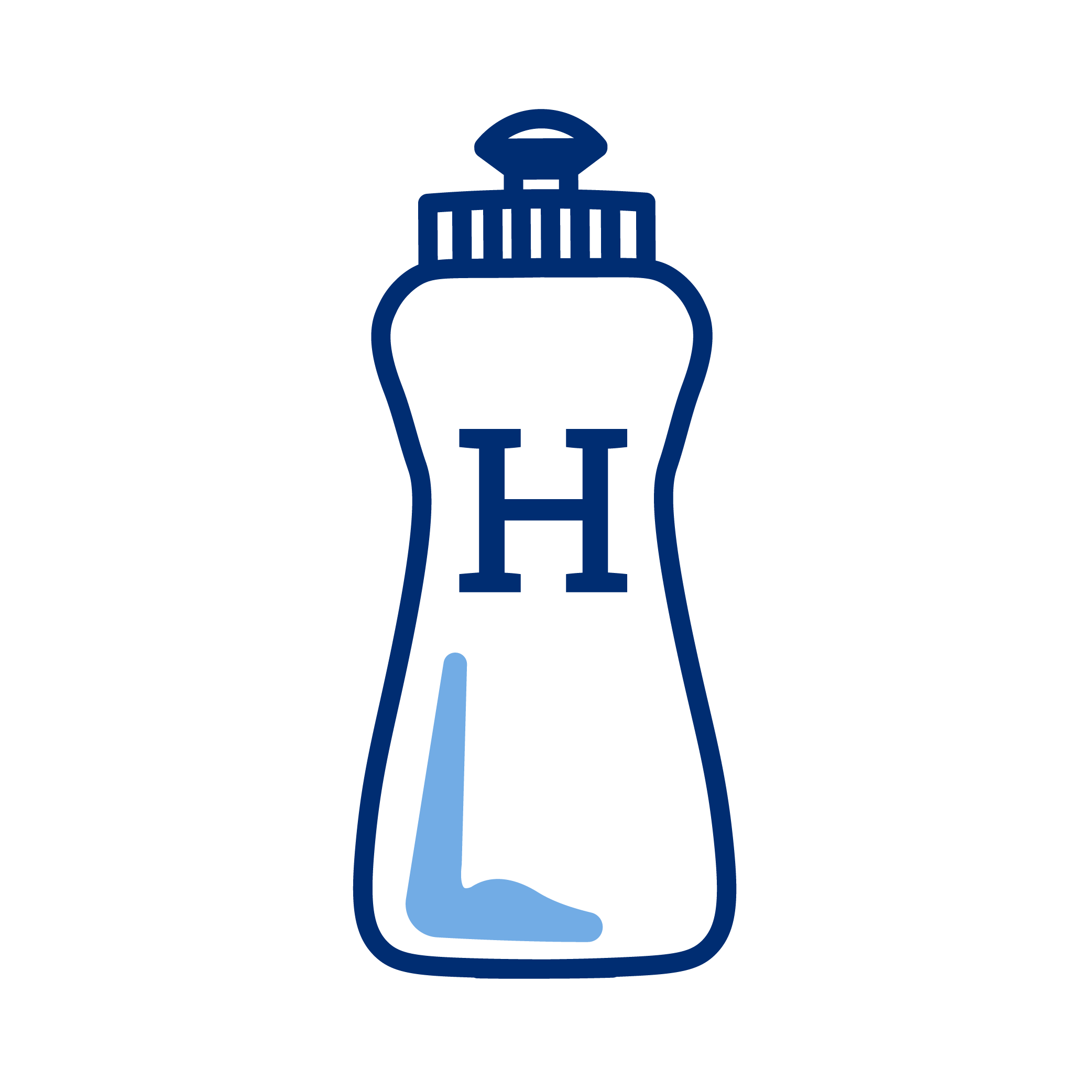 Illustration of a condiment bottle with a large letter H on it, with a stylized shoe icon inside the bottle, featuring a heel and sole.