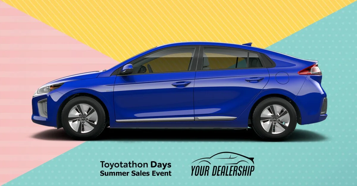 A blue sedan car against a colorful background with pink, yellow, and blue sections. Text reads "Toyotathon Days Summer Sales Event" and "Your Dealership".