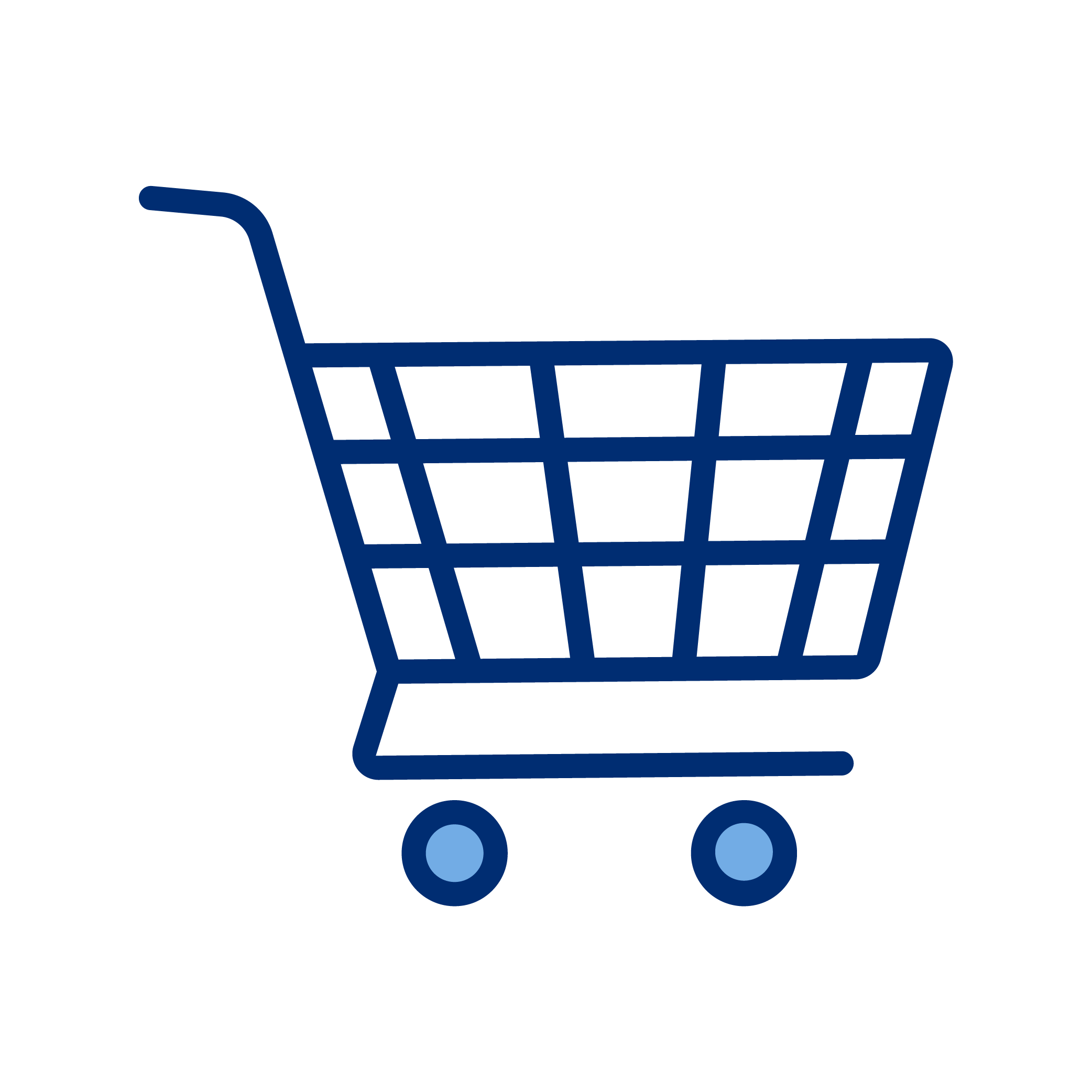 Outline of a shopping cart with wheels, depicted in blue.