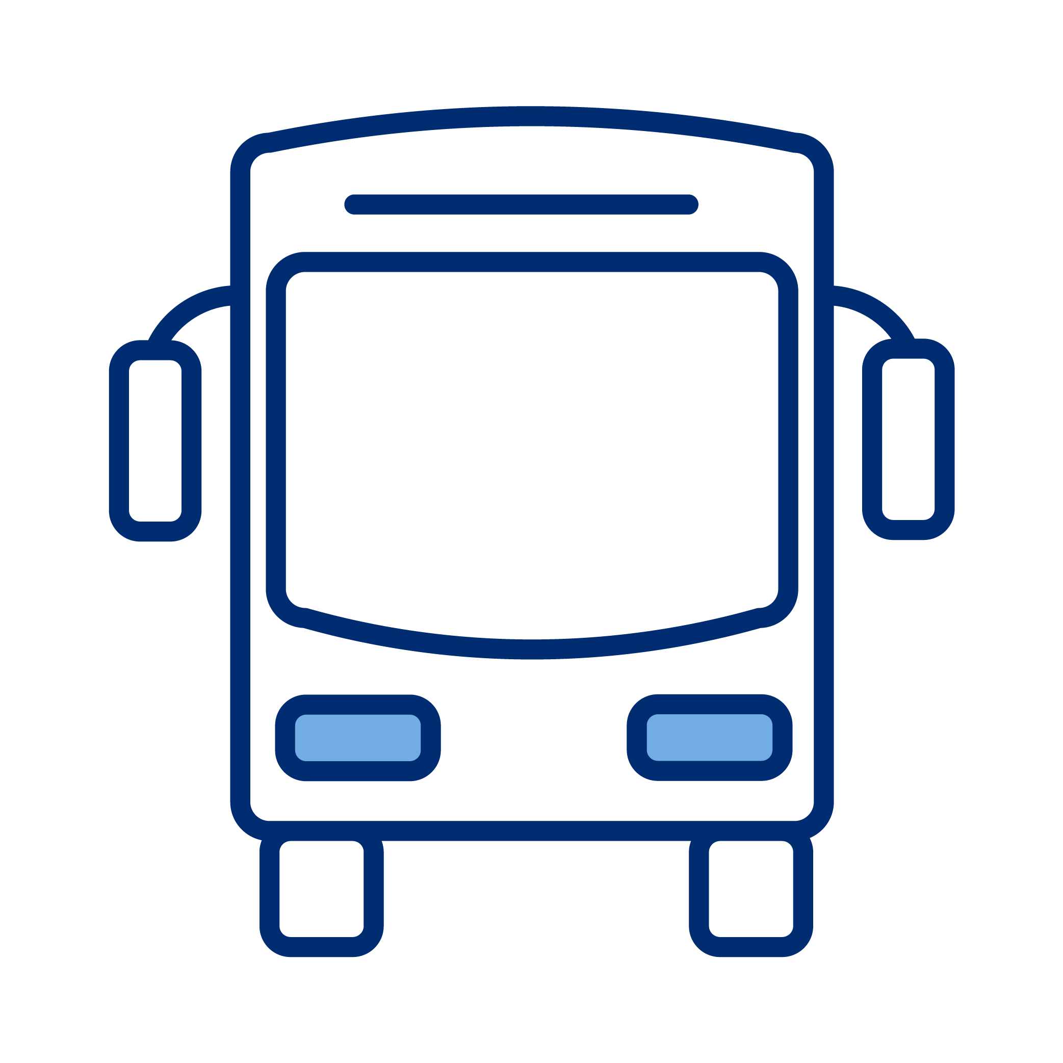 Front view of a blue outline illustration of a bus with two side mirrors and headlights.