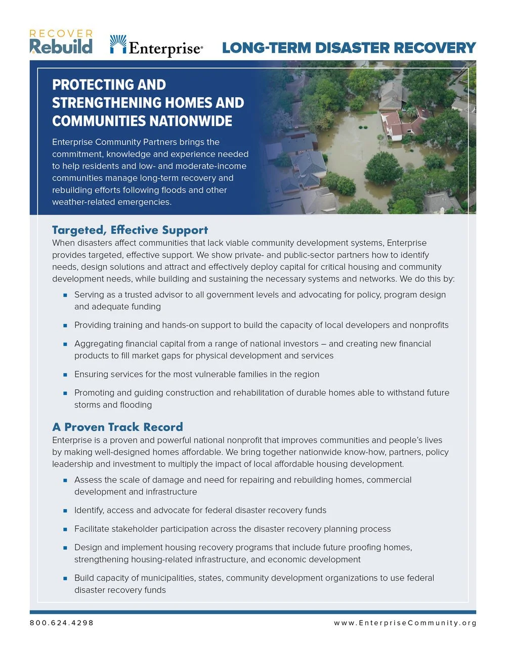 A flyer discussing long-term disaster recovery, featuring aerial view of flood-affected residential area with submerged homes and standing water surrounded by green trees.