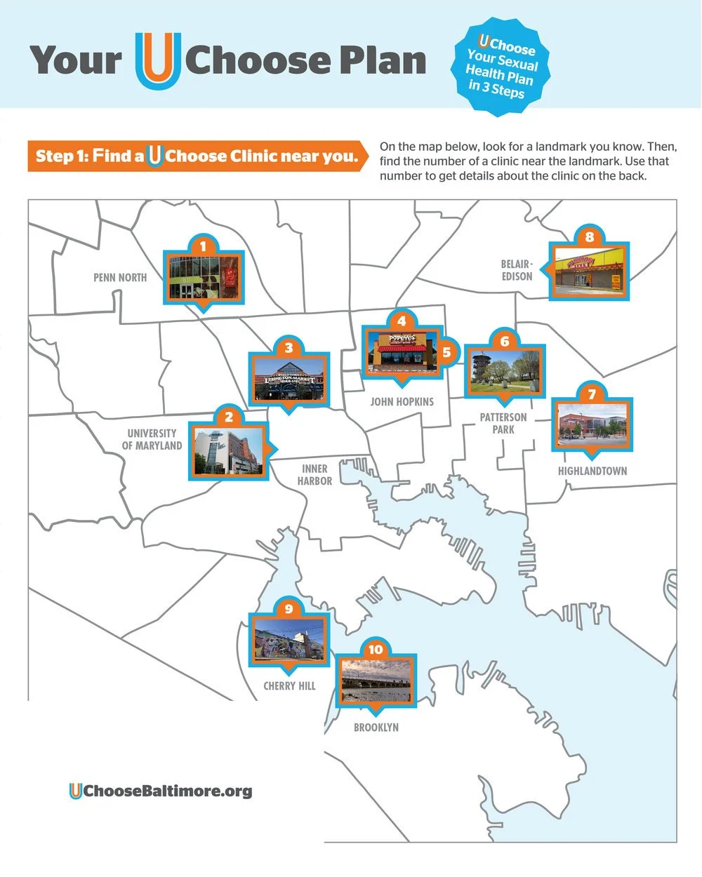 Map of Baltimore with markers for clinics, numbered 1 to 10, showing locations in areas like Penn North, University of Maryland, Cherry Hill, and Brooklyn.