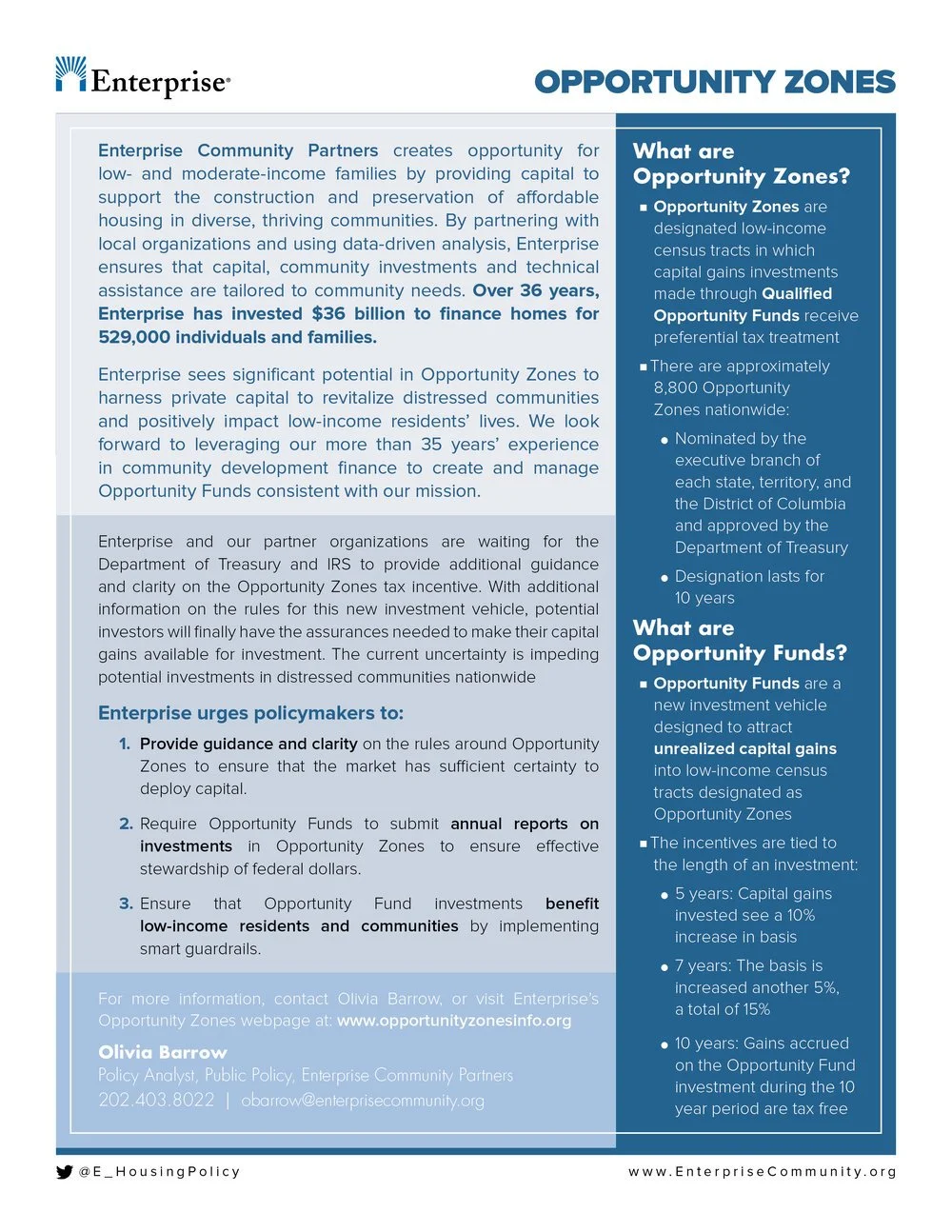 Information about Opportunity Zones and Opportunity Funds from Enterprise Community Partners, including details on their purpose, investment duration, and contact information.