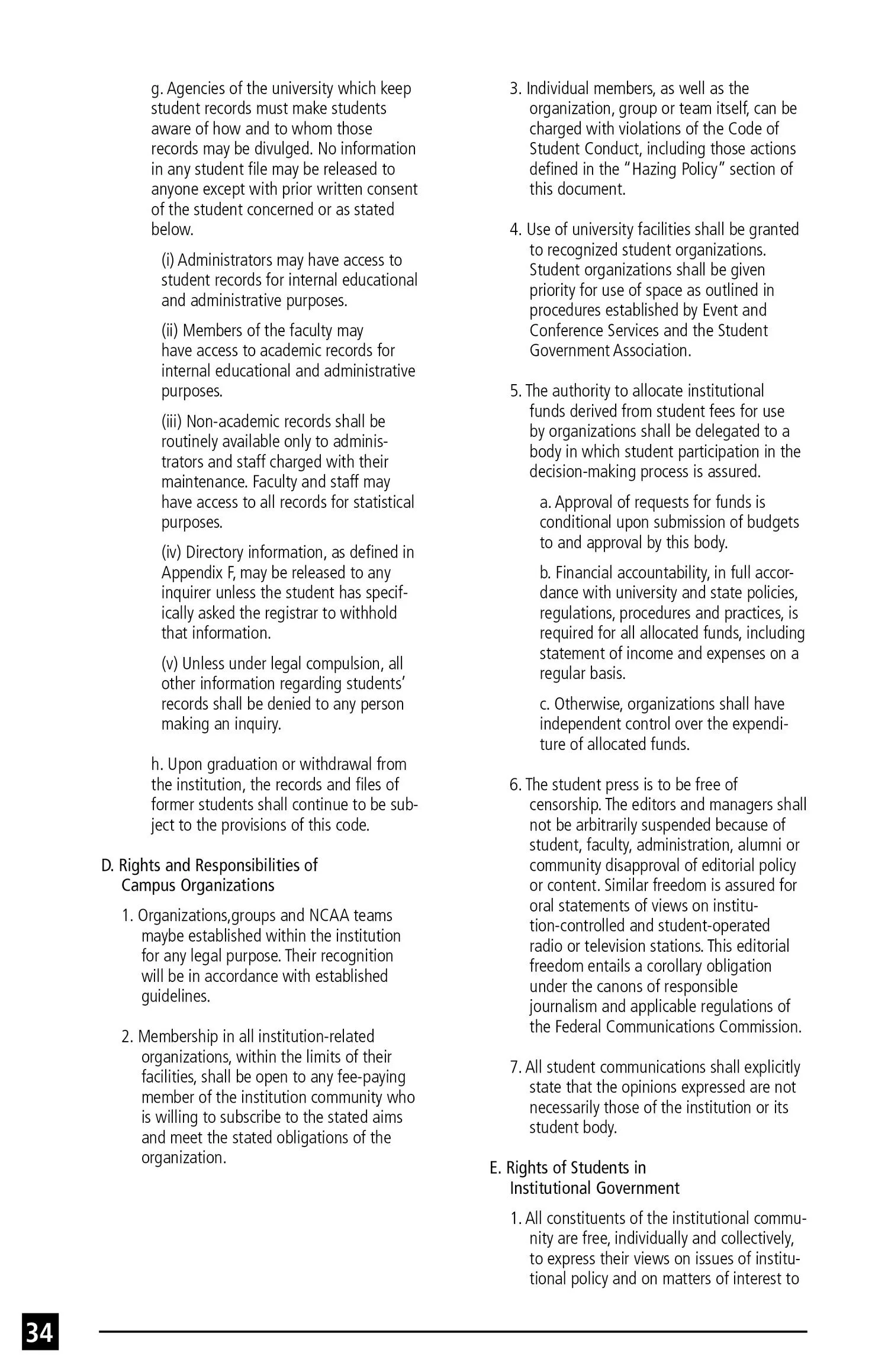 Page 34 of a document with policies and responsibilities related to university student records, campus organizations, and student rights, formatted with numbered sections and subsections.