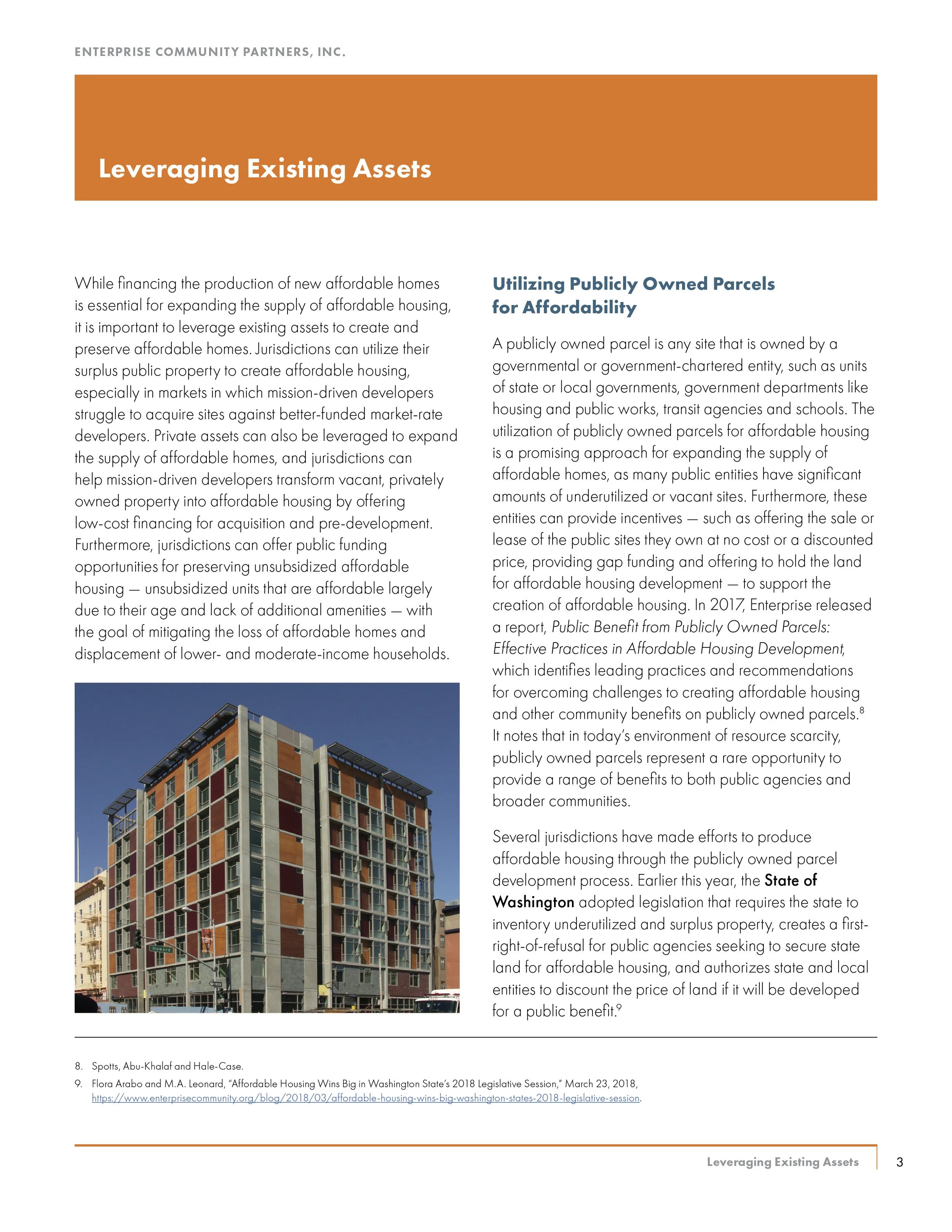 Page from a report titled 'Leveraging Existing Assets' with a photo of a multi-story residential building.