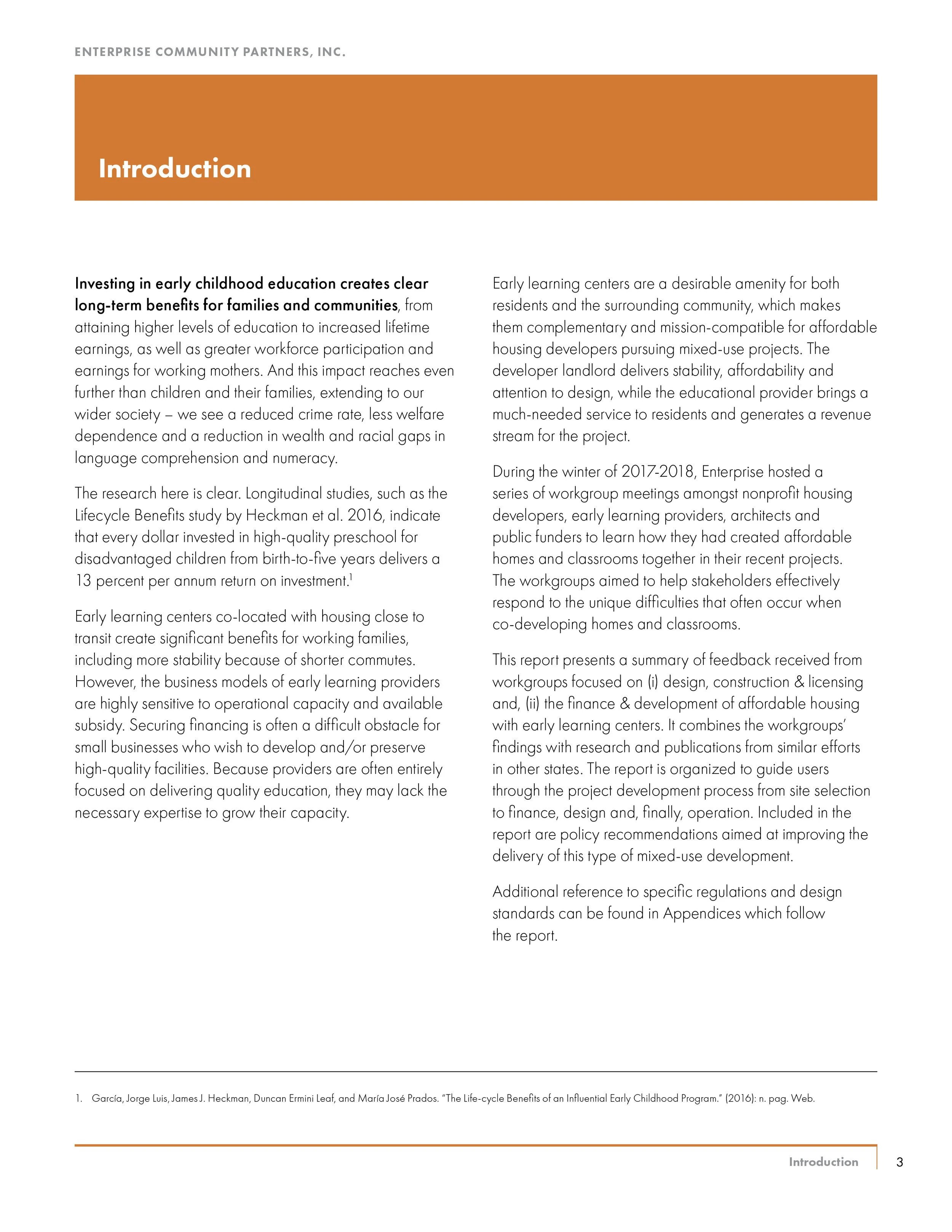 Page from a report titled 'Introduction' with text discussing early childhood education, benefits of early learning centers, and related research, published by Enterprise Community Partners, Inc.