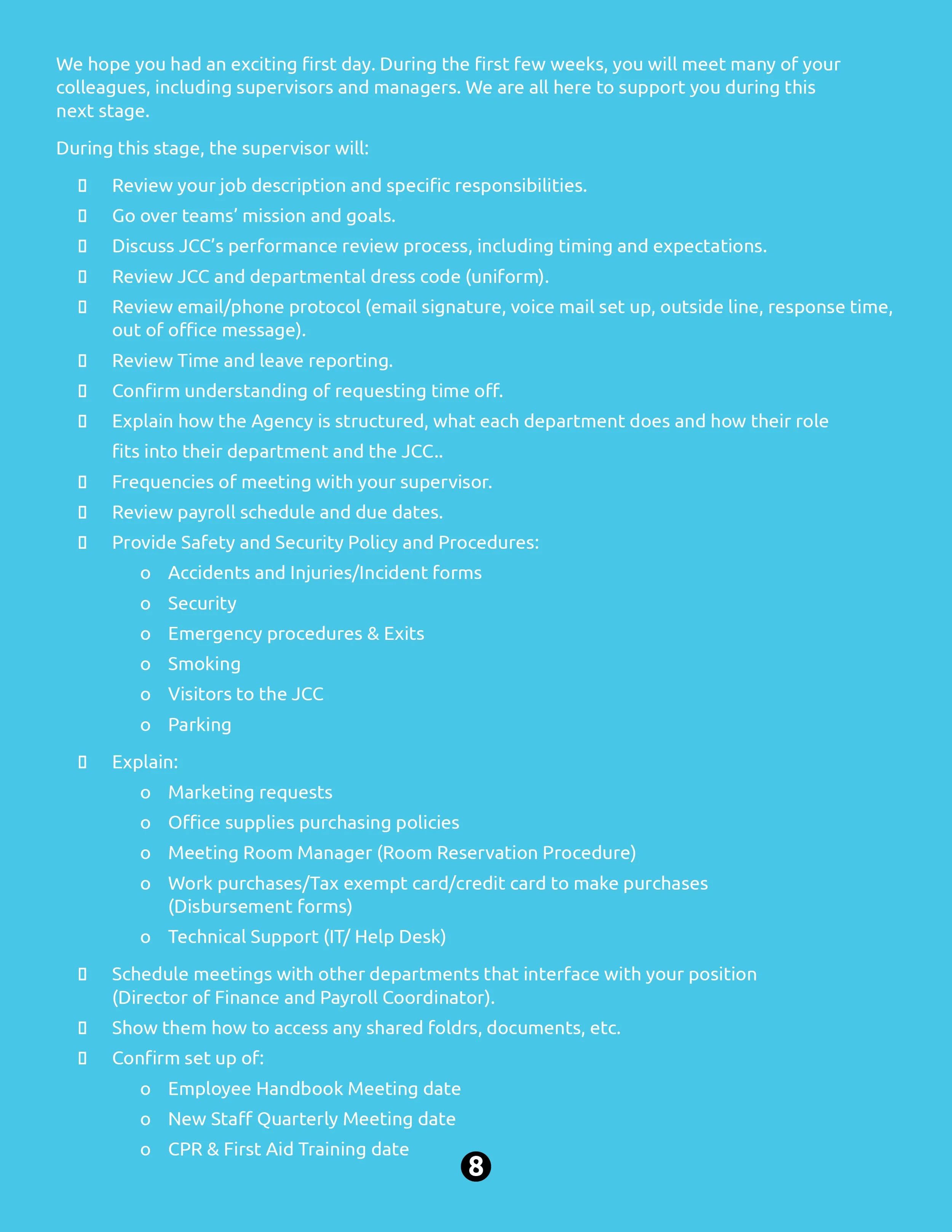 A page of a document with a blue background containing a list of onboarding and workplace procedures, including roles, responsibilities, security policies, and meeting schedules.