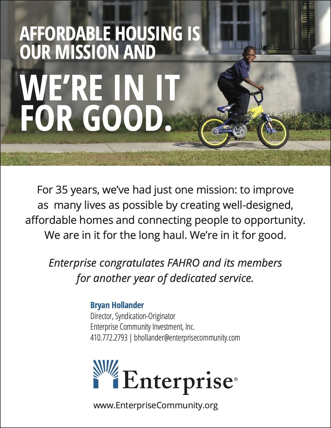 A young boy riding a bicycle in front of a house with white columns, smiling at the camera. The image features overlaid text promoting affordable housing and welcoming a message from Enterprise Community Investment.