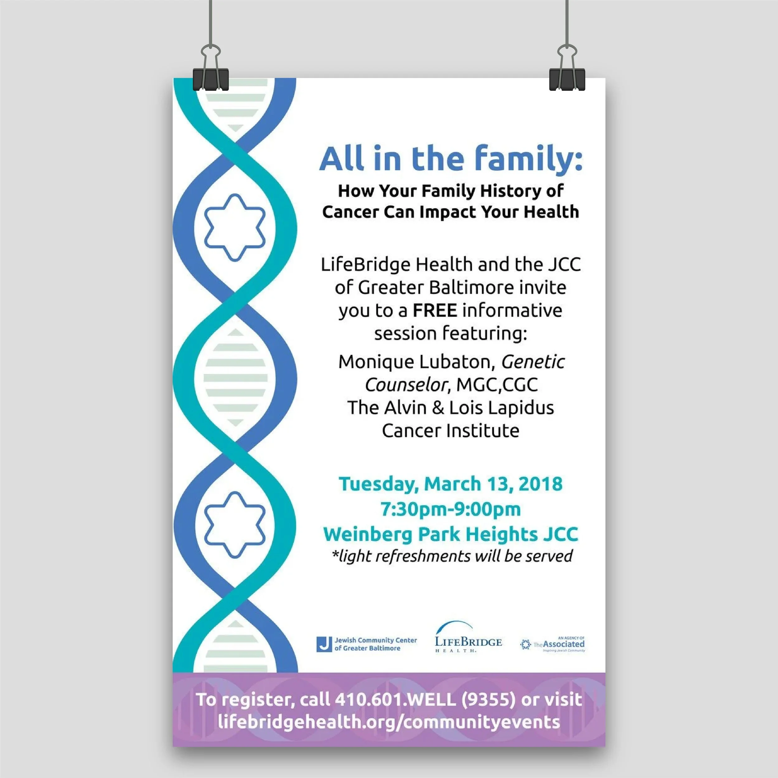 Flyer for a free informational session about family genetic history and cancer with details of date, time, location, and registration information, featuring graphics of a DNA helix and medical logos.