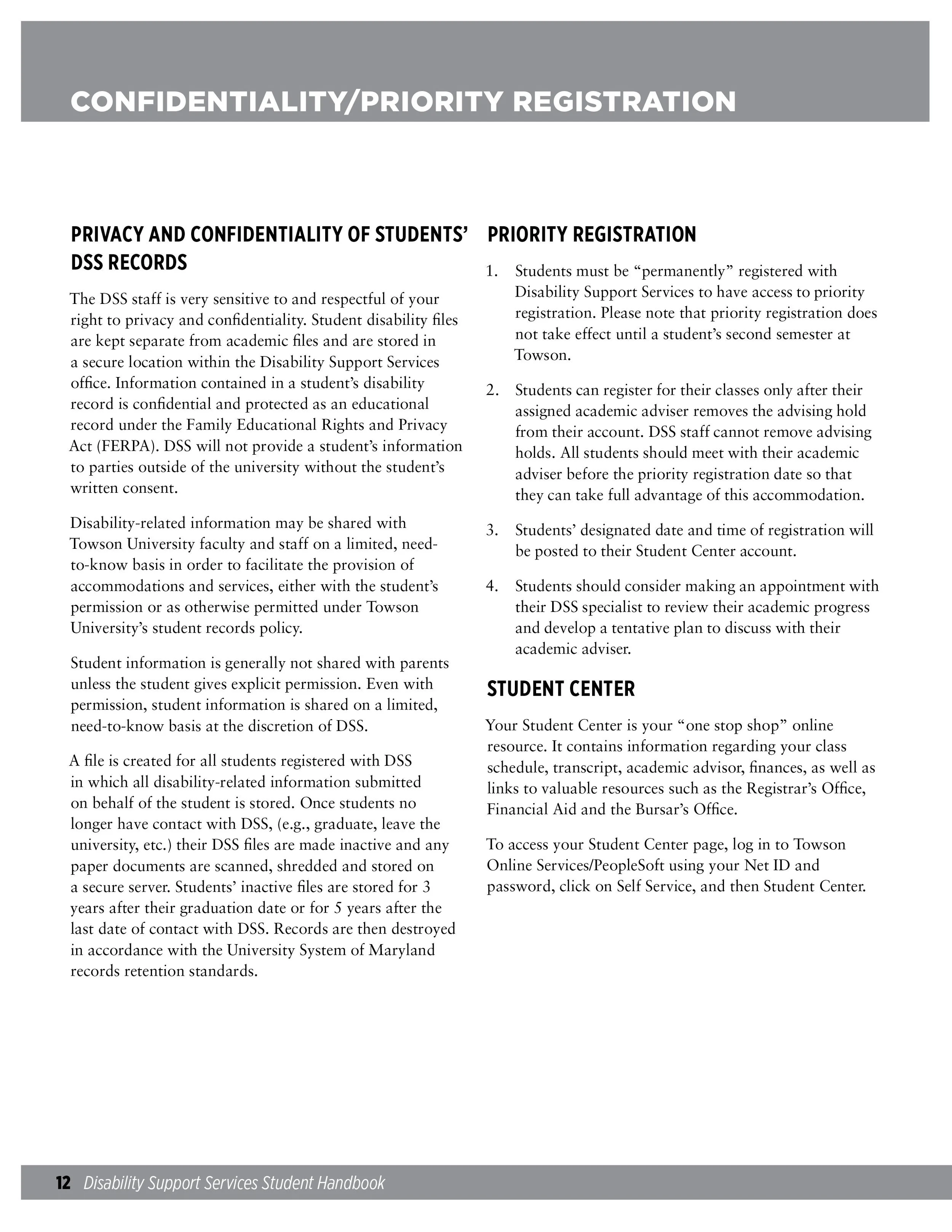 Text document titled 'Confidentiality/Priority Registration' with sections on privacy, confidentiality, student records, priority registration, and student center information from a university disability support services handbook.