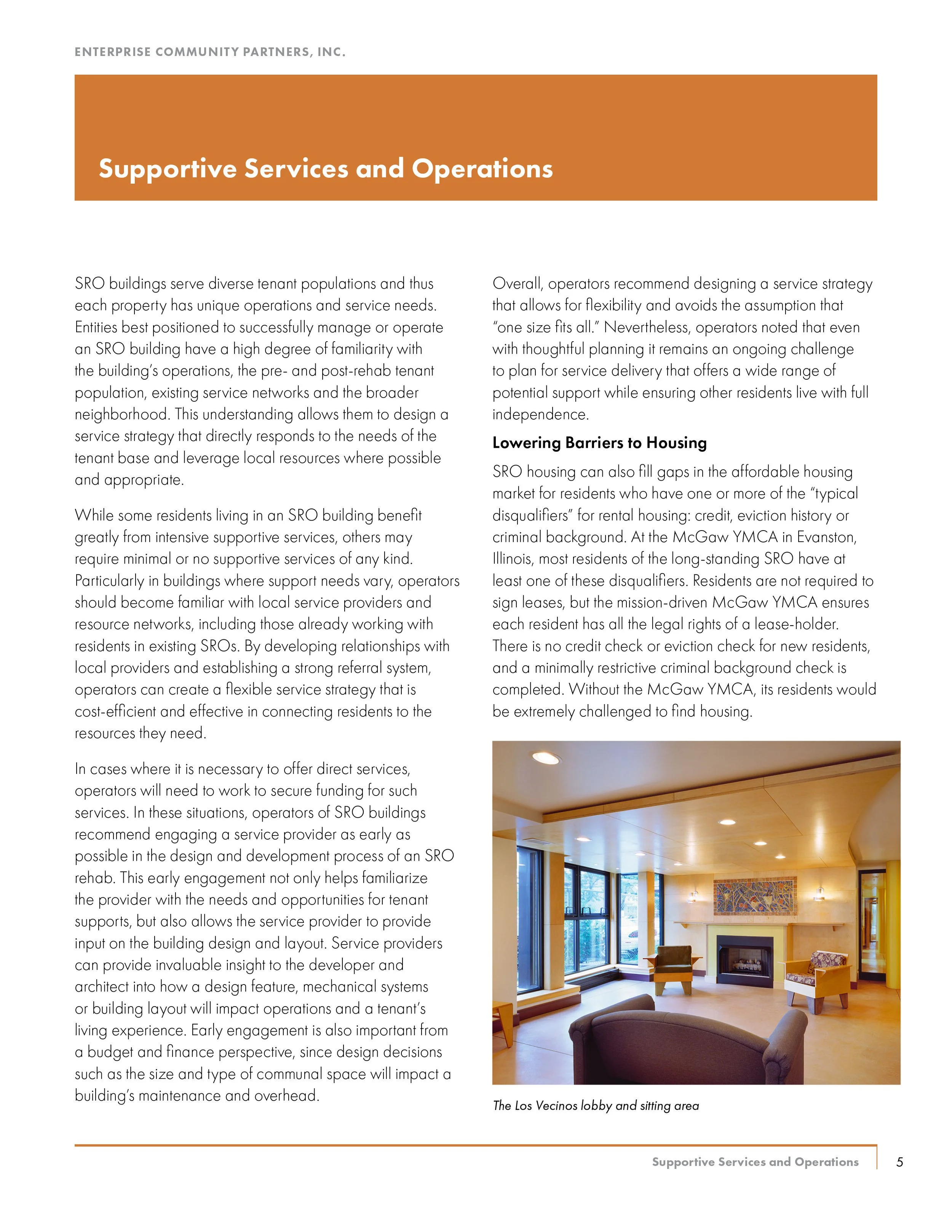 A magazine or brochure page discussing supportive services and operations for SRO buildings, including a photograph of the Los Vecinos lobby and sitting area with large windows, a fireplace, and sitting furniture.