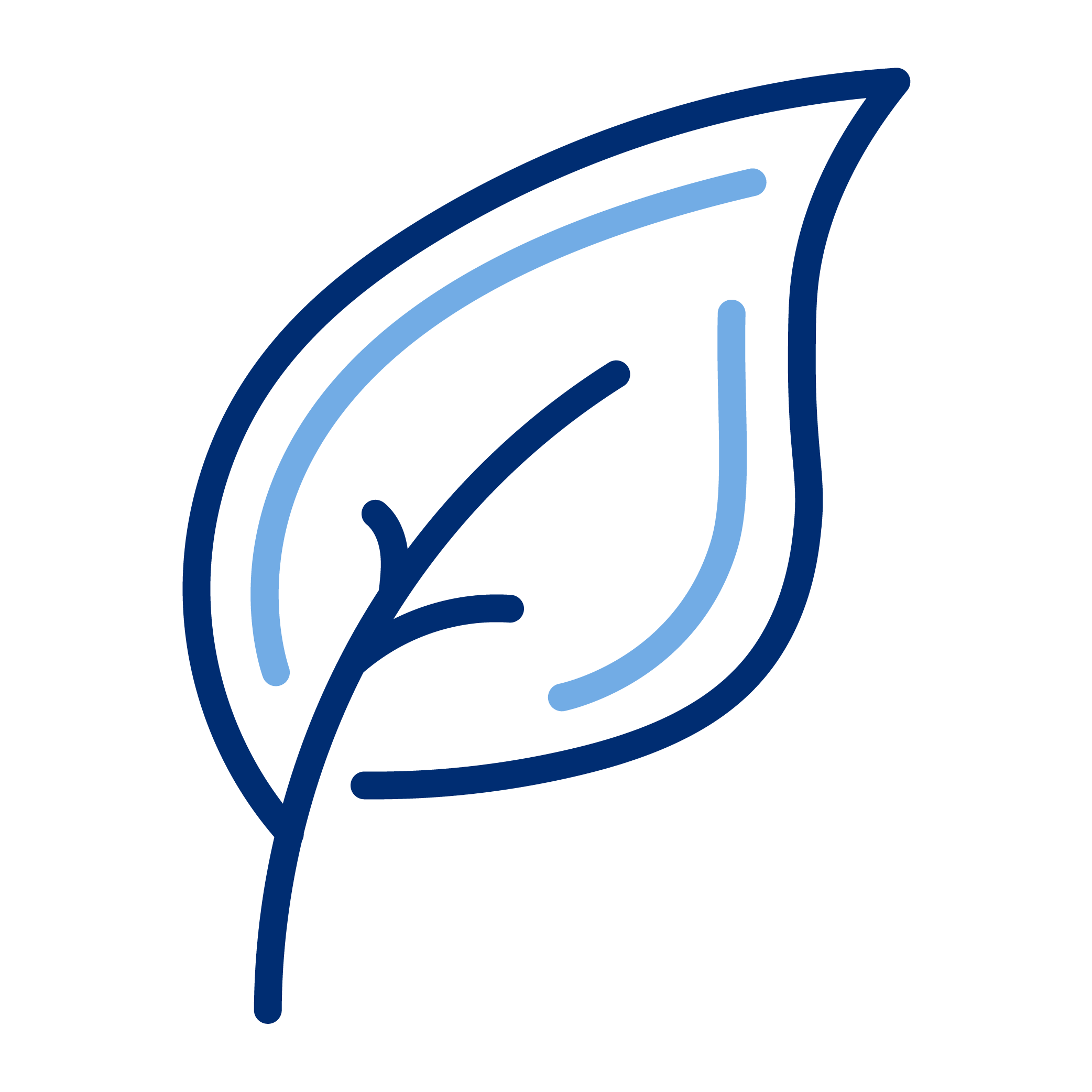 Line art illustration of a single leaf with two shades of blue.