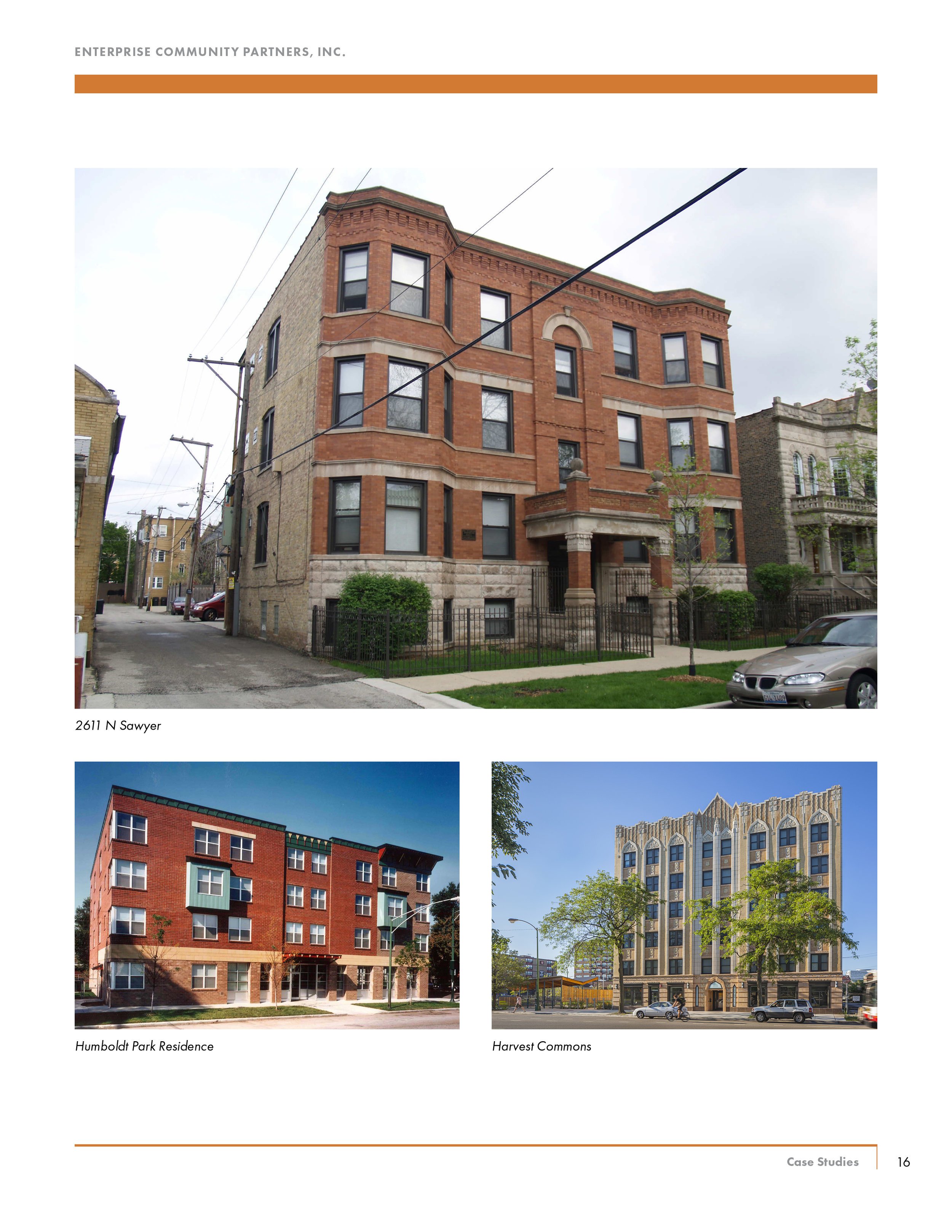 A collage of three residential buildings: an older brick apartment building at 2611 N Sawyer, a modern red-brick residence called Humboldt Park Residence, and a historic style building named Harvest Commons, with trees and cars in front of each.