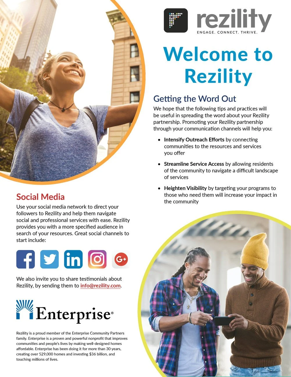 A welcoming flyer for Rezility featuring a smiling woman with arms outstretched in a city park and two people smiling while looking at a phone, with logos of social media platforms.