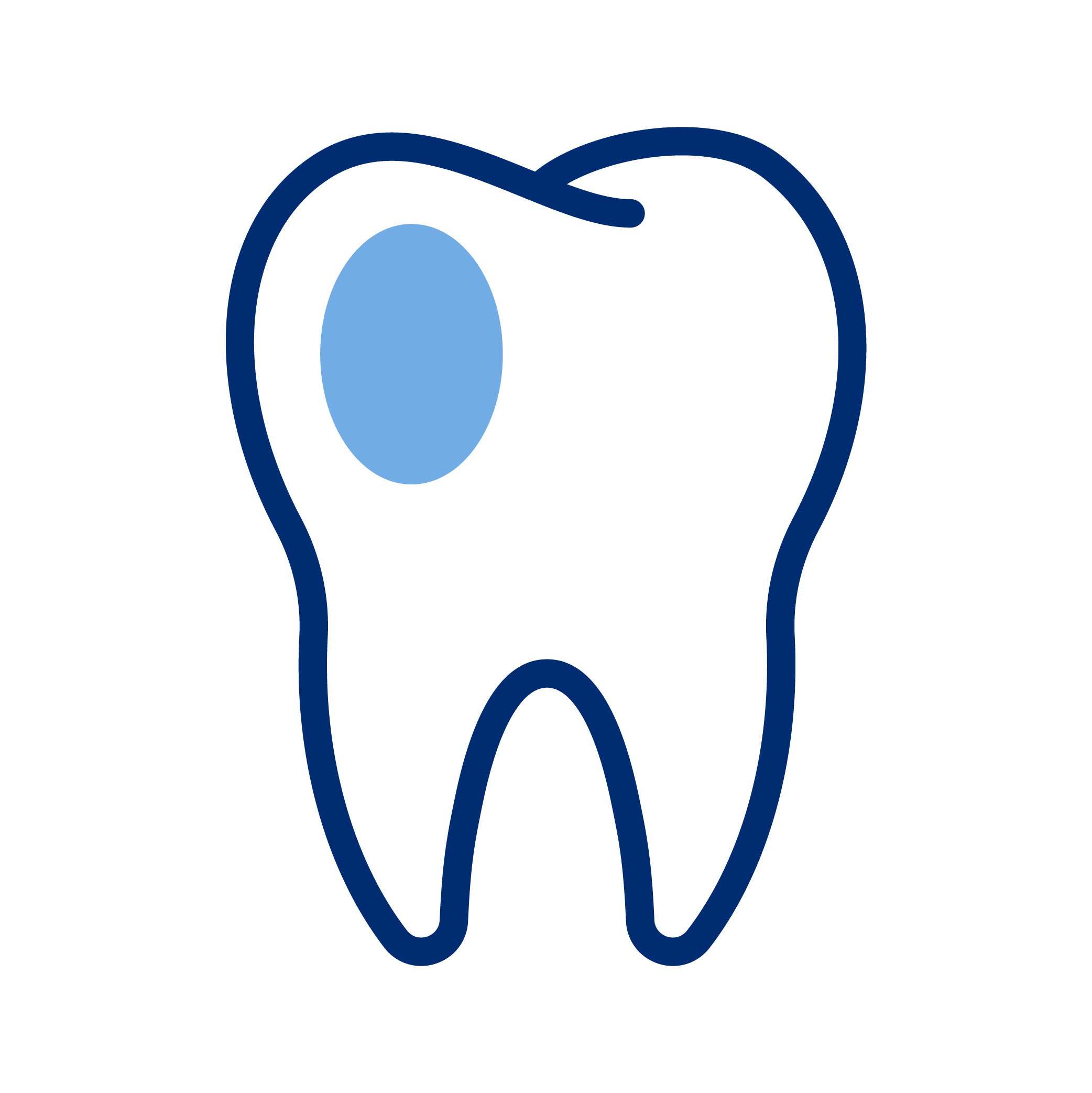Simple illustration of a tooth with a blue cavity or decay visible on the upper left side.