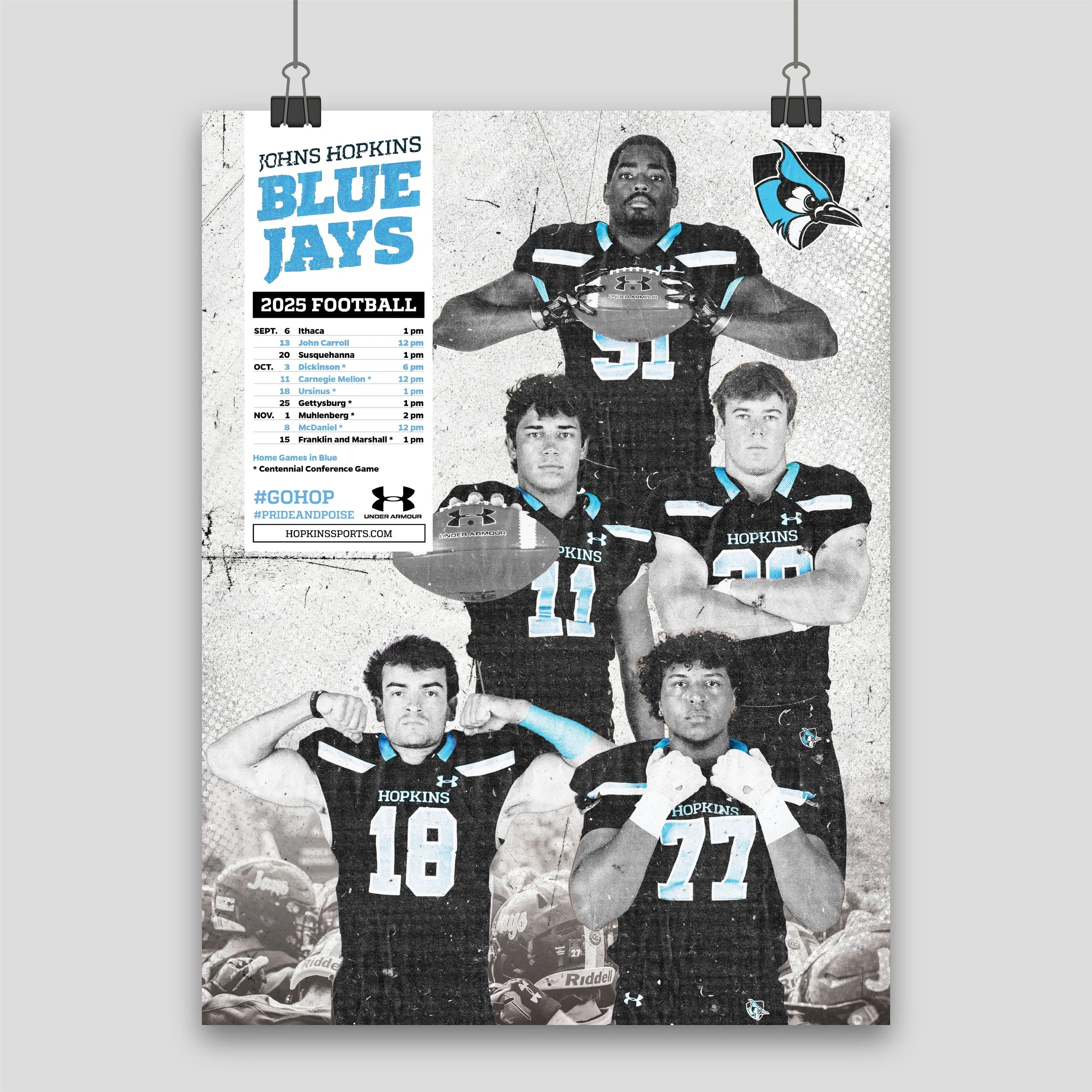 A poster of Johns Hopkins Blue Jays football team, featuring five players in black and blue uniforms with helmets and football equipment, with game schedule and team logo on the left side and a cartoon bird logo on the top right.