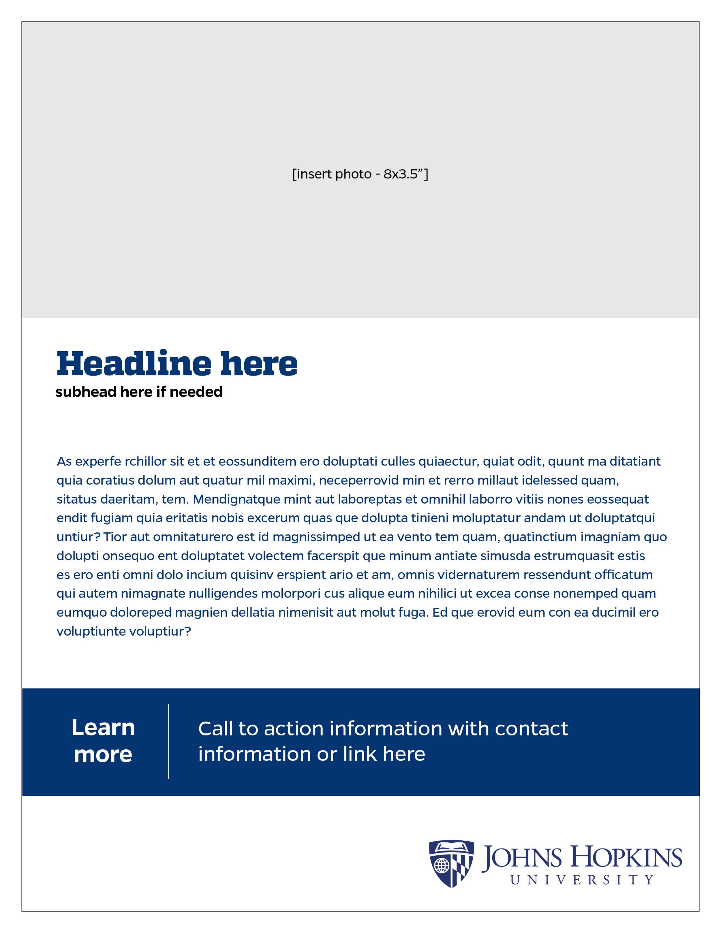 A template flyer with a large gray placeholder for an 8x3.5 inch photo at the top, followed by a bold blue headline, subheadline, a paragraph of placeholder text, a dark blue call-to-action button labeled 'Learn more' with additional contact informat