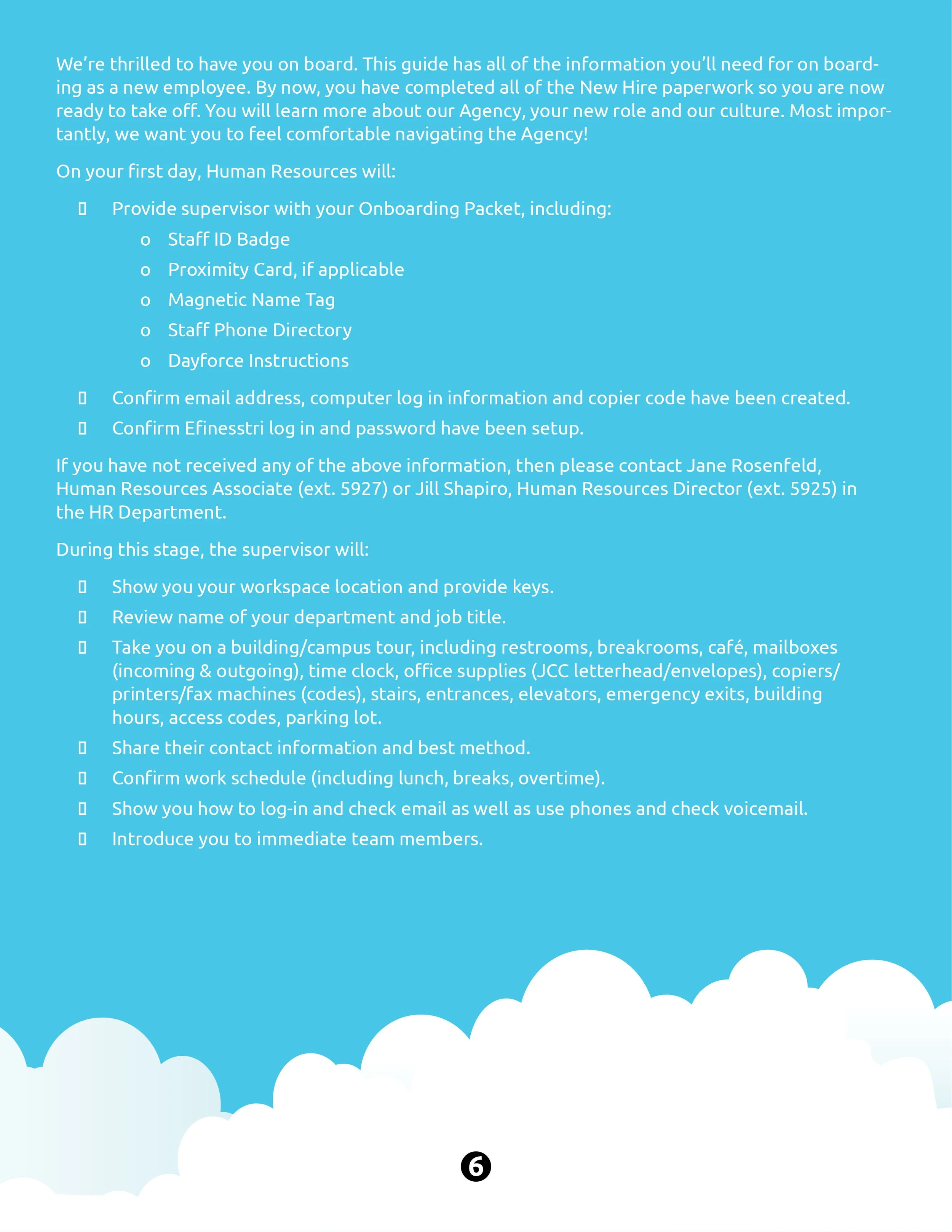 A page from an onboarding guide with a light blue background, titled to welcome new employees. Contains instructions from Human Resources about providing onboarding materials, confirming email and login information, and schedule expectations, with a 
