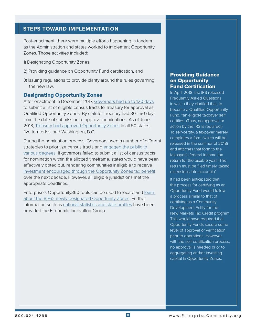A two-column informational document titled 'Steps Toward Implementation,' discussing Opportunity Zones, including designating zones, providing guidance on Opportunity Fund certification, and issuing regulations.