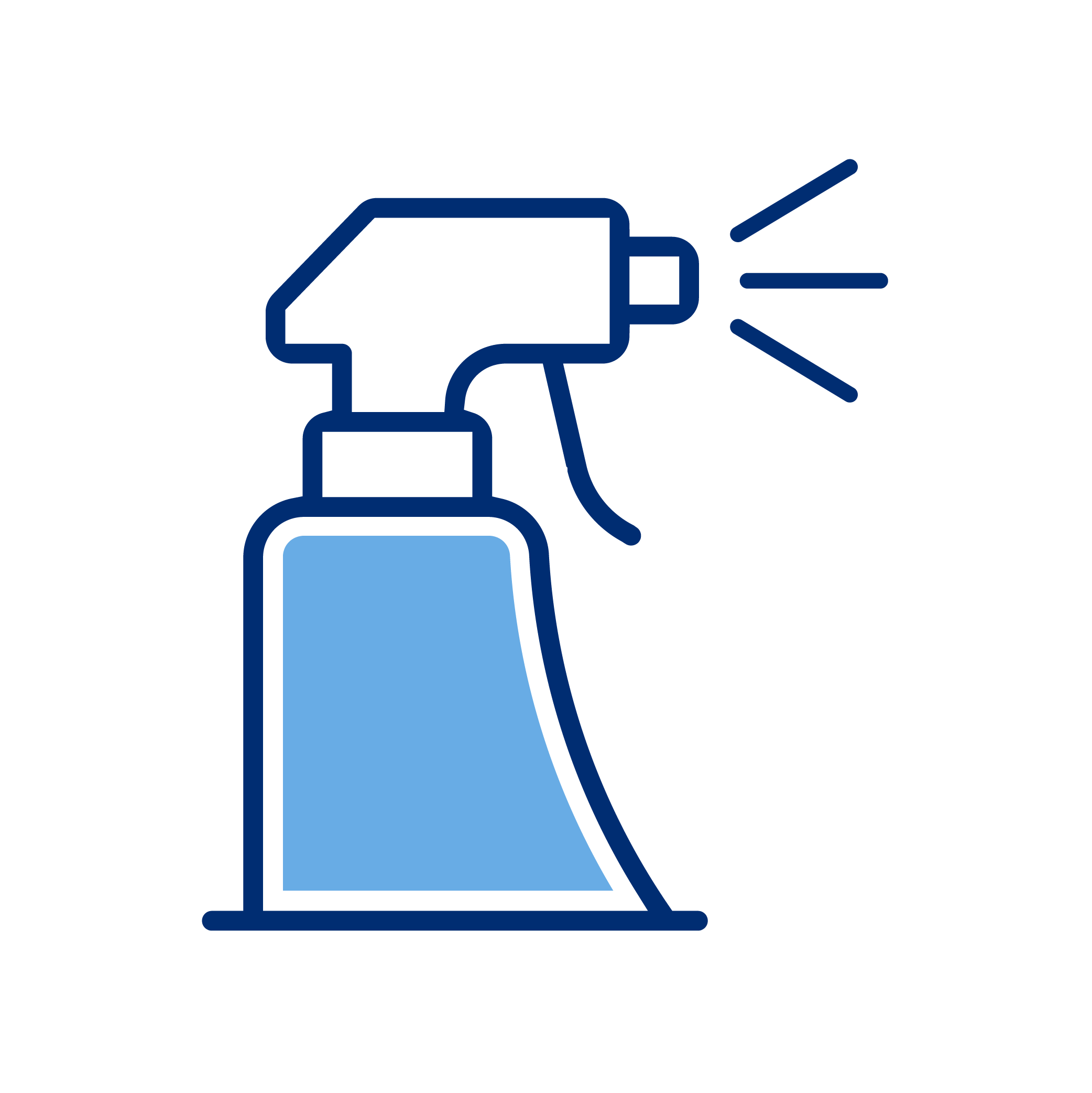 Line drawing of a spray bottle with a trigger, emitting spray.
