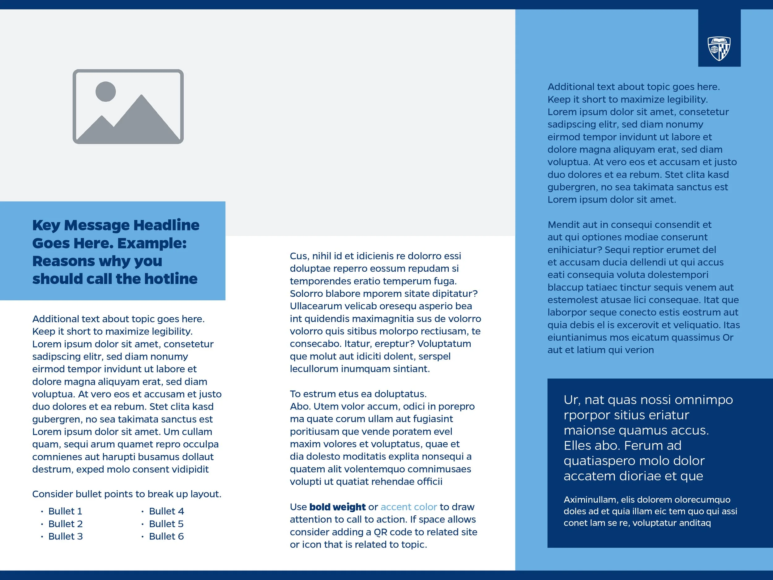 A document layout with placeholder text, blue header boxes, and a gray image icon at the top left. The document includes a key message headline in bold, bullet points, and sections of lorem ipsum text. It has a blue color scheme with various shades a