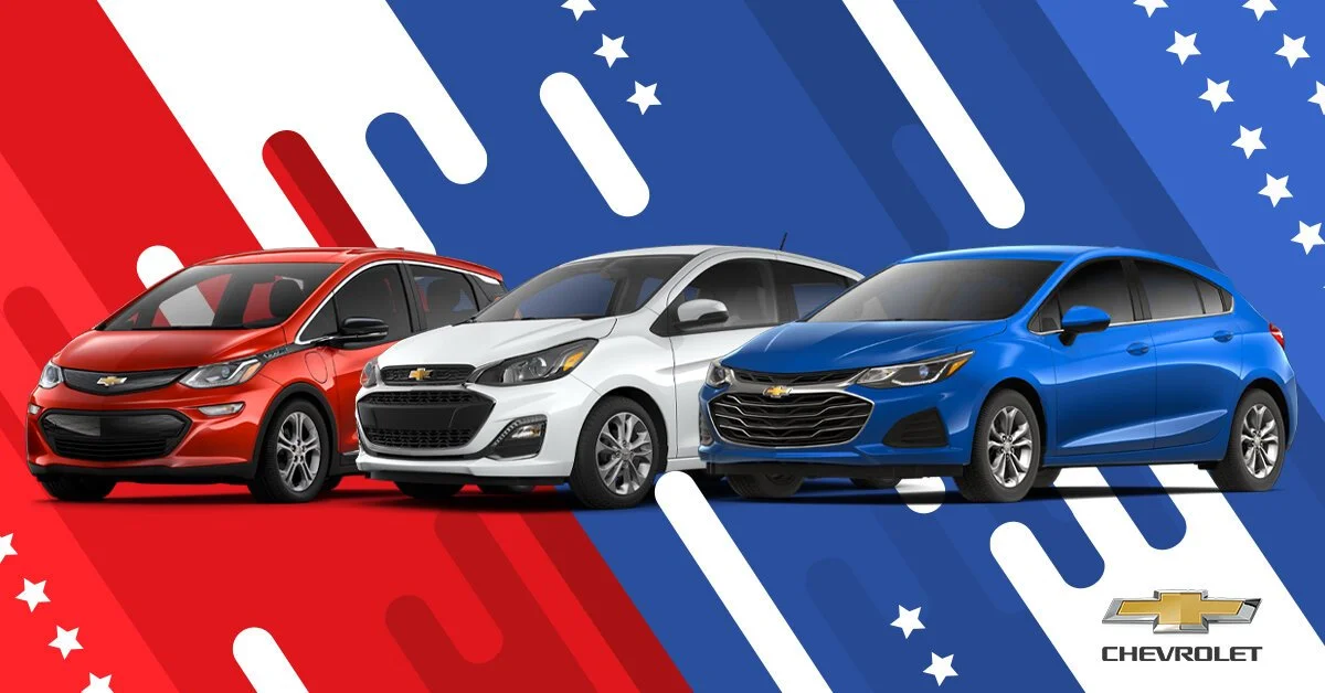 Three Chevrolet cars in red, white, and blue colors arranged on a background with red, white, and blue patriotic designs featuring stars and stripes, with a Chevrolet logo and name in the bottom right corner.