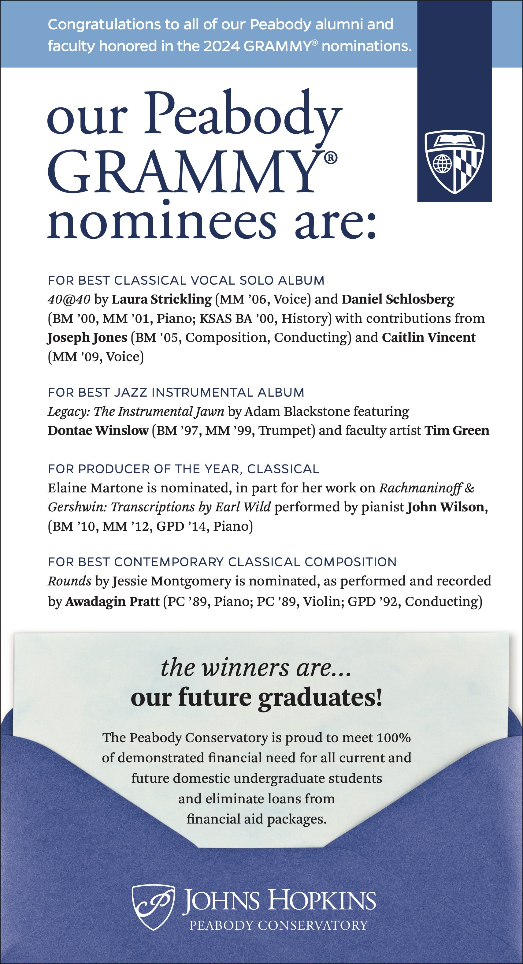 Announcement listing Peabody alumni and faculty Grammy nominations for 2024, including categories for classical vocal, jazz instrumental, producer of the year classical, and contemporary classical composition, with a message about supporting future g