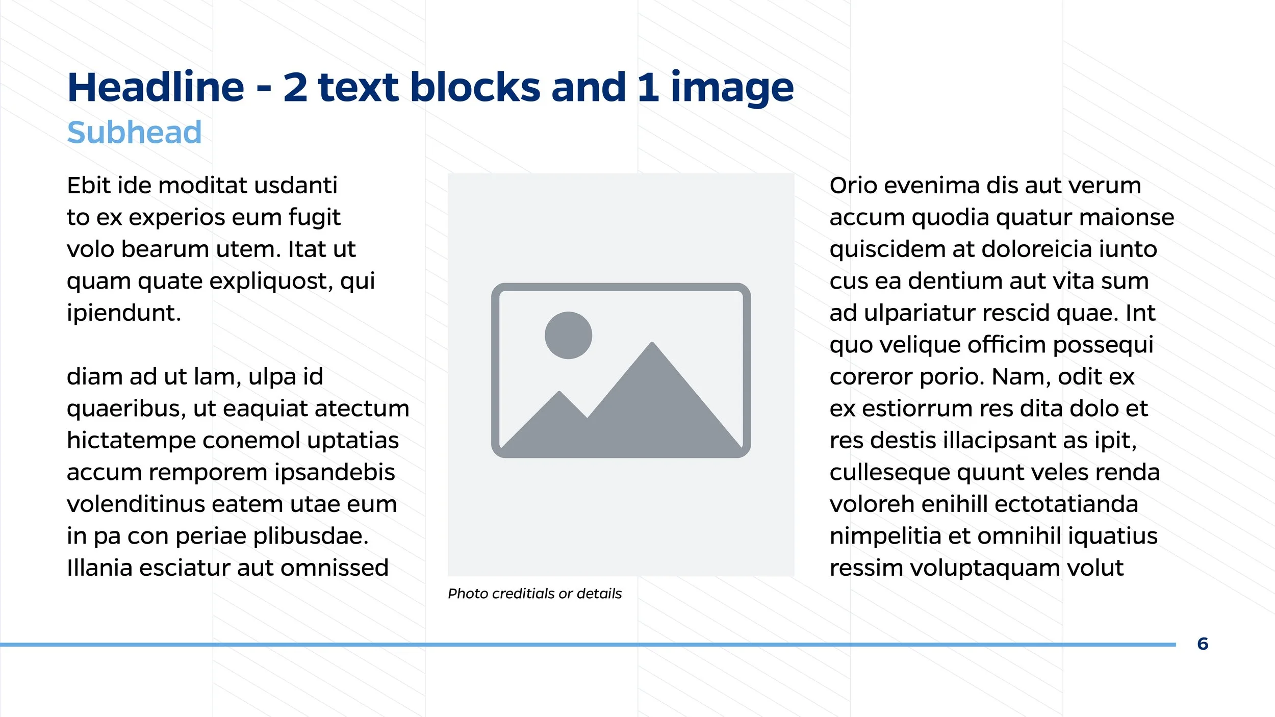 Slide with a headline, subhead, and two text columns surrounding a centered placeholder image of a landscape picture with a sun and mountains. The headline is in bold blue text, with subhead in lighter blue. The text columns contain paragraph text, w