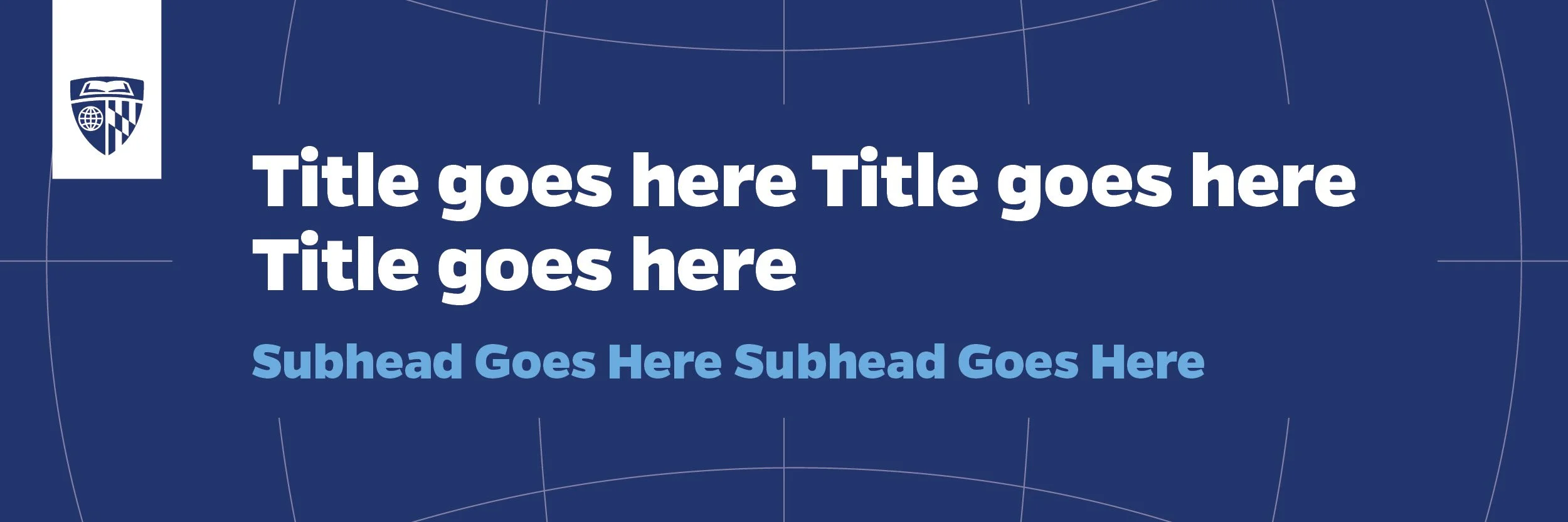 Template slide with a blue background, white and light blue text placeholders for title, subtitle, and header, a logo of a university in the top left corner, and faint white geographic grid lines.