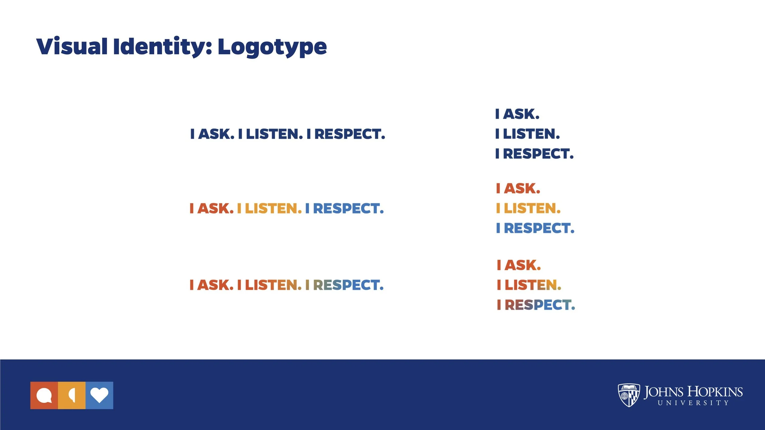 Slide from a presentation titled 'Visual Identity: Logotype' showing different color variations and arrangements of the phrases 'I ASK. I LISTEN. I RESPECT.' in blue, orange, and gray. The slide includes icons of speech bubble, information, and heart