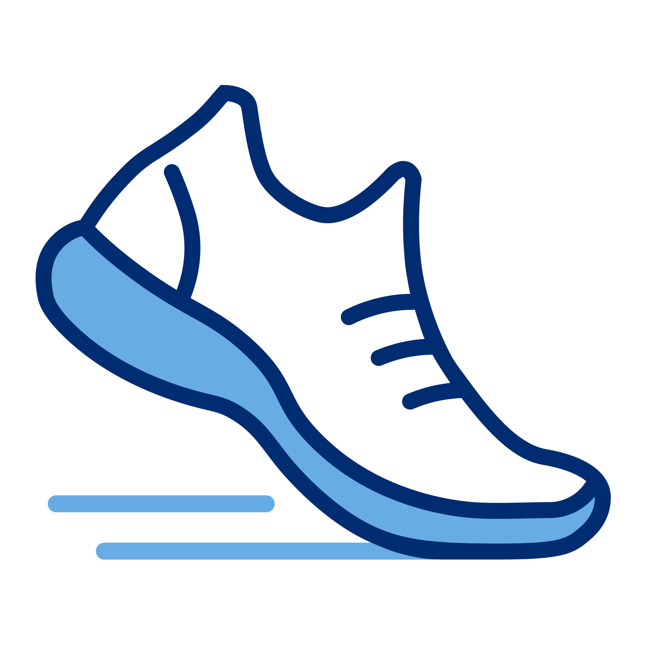 Outline drawing of a running shoe with motion lines, in shades of blue.