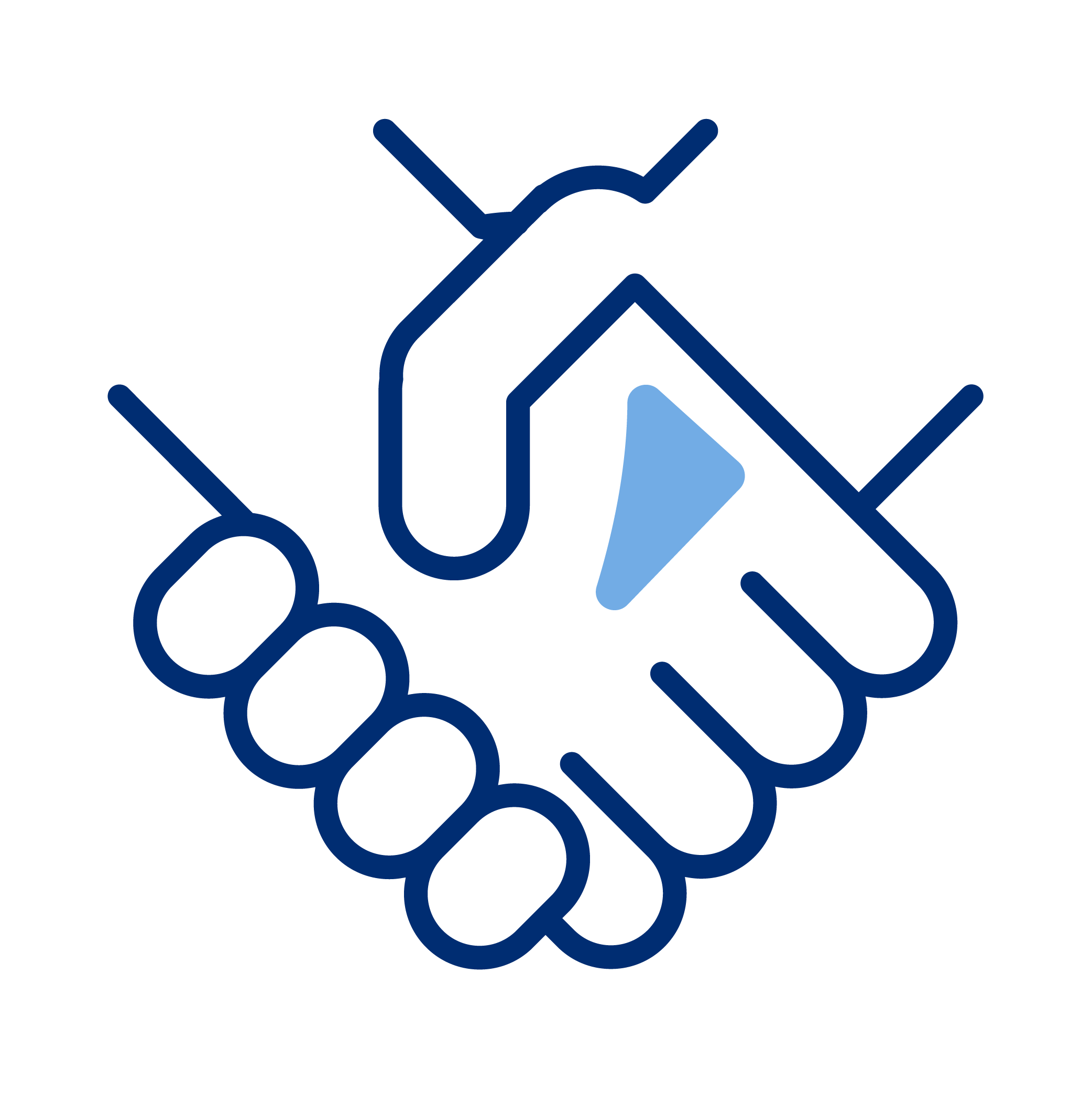 Outline icon of two hands shaking, one in a darker blue and one in a lighter blue, symbolizing partnership or cooperation.