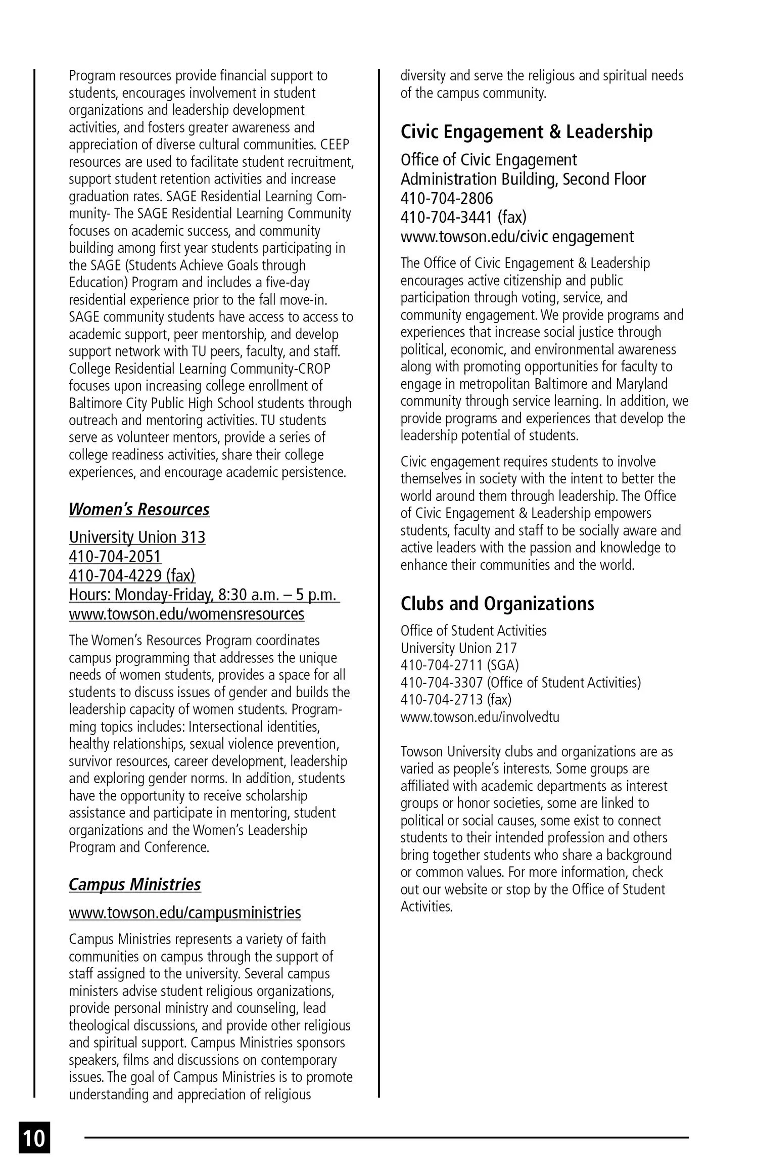 Page 10 of informational booklet with sections on women's resources, campus ministries, civic engagement, and clubs and organizations at Towson University. Contains contact information and descriptions for each program.