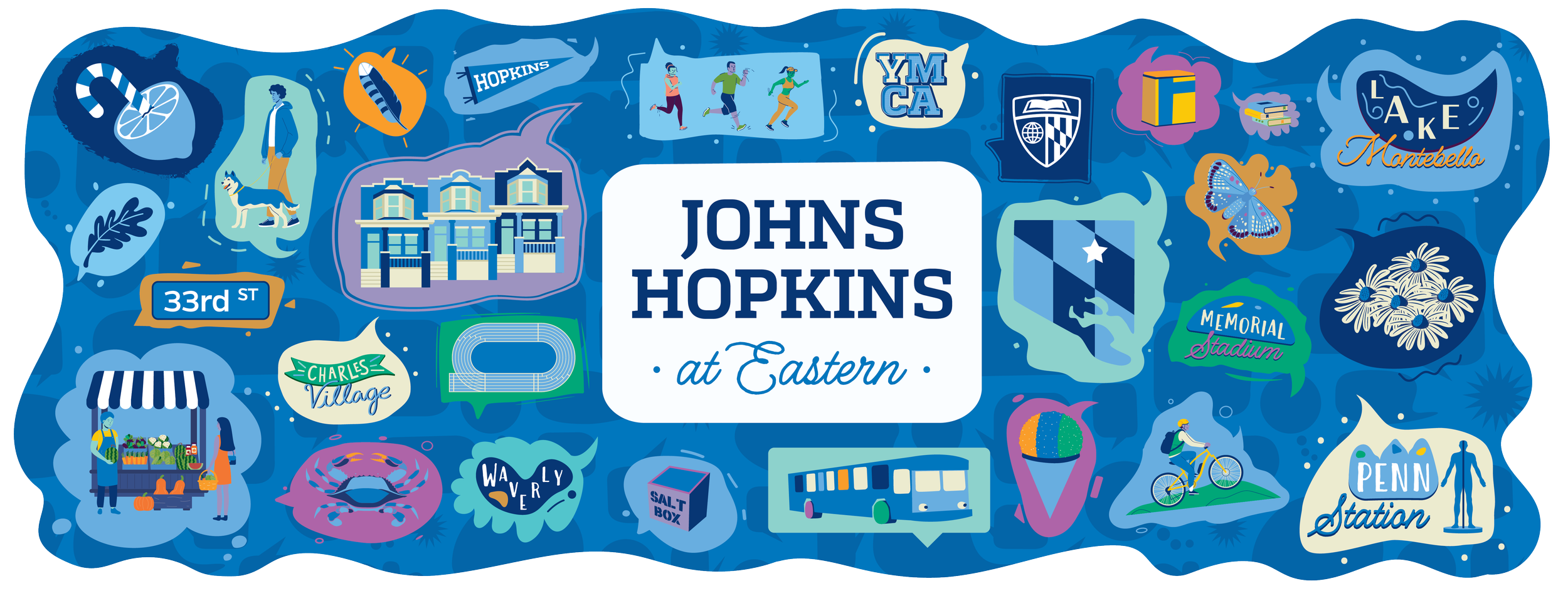 Illustrated map of Johns Hopkins University at Eastern with various landmarks, buildings, and symbols representing the campus and surrounding area, including a stadium, a bicycle, a market, a crab, and neighborhood names.