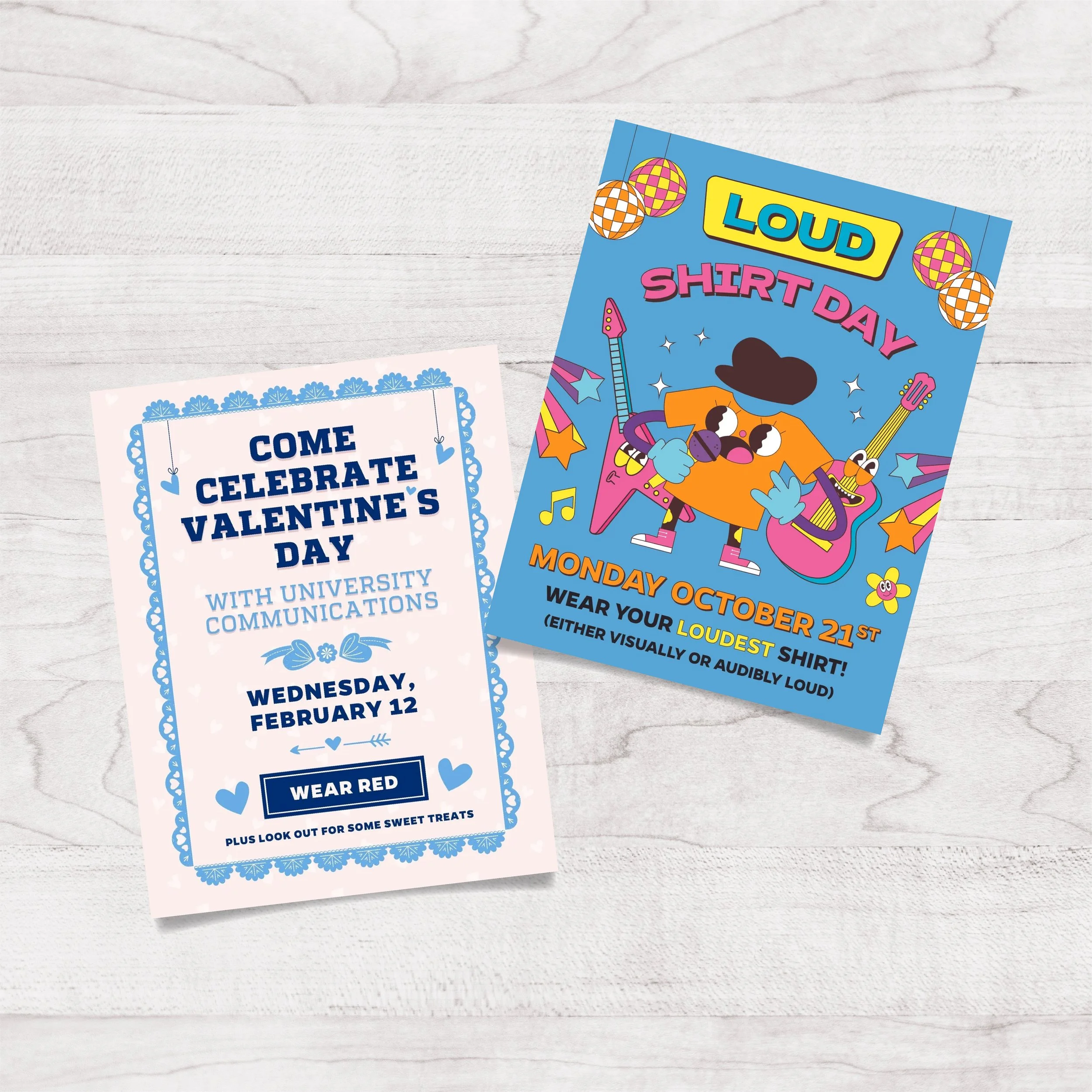 Decorative valentine's day and shirt day flyers with blue, pink, yellow, orange, and purple colors, featuring cartoon characters and musical instruments.