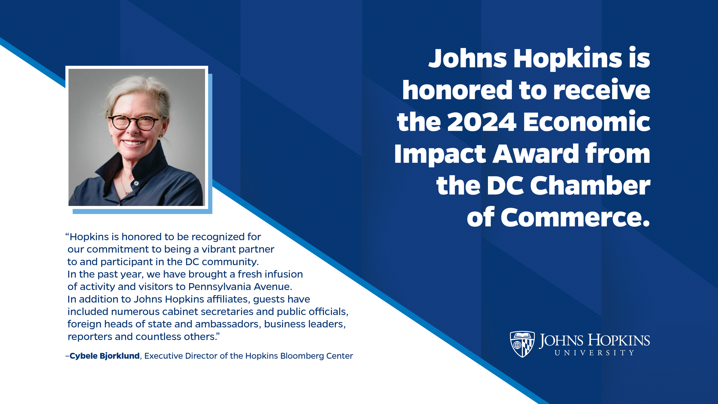Announcement congratulating Cybele Bjorklund on receiving the 2024 Economic Impact Award from the DC Chamber of Commerce, featuring a portrait of Cybele Bjorklund and the Johns Hopkins University logo.