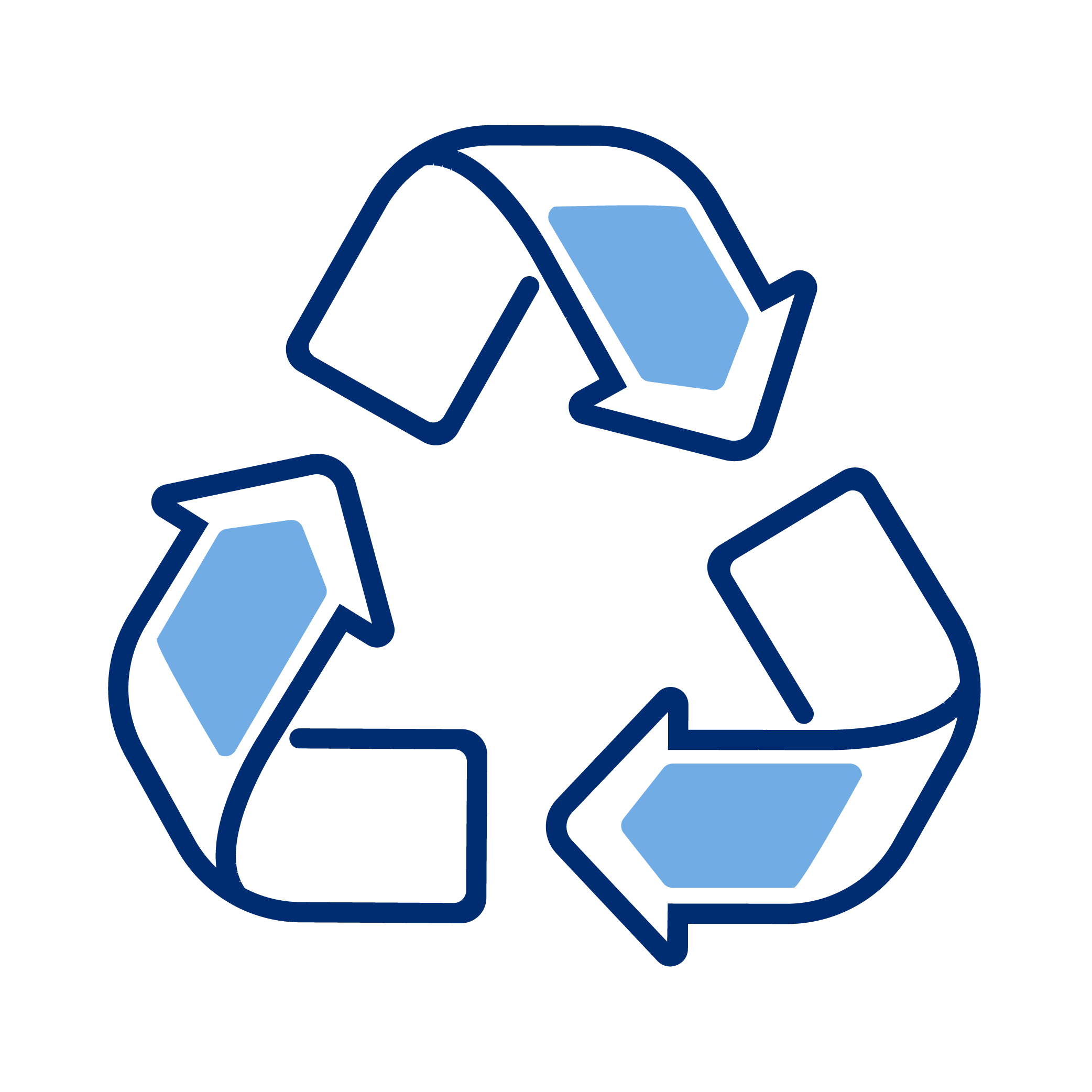 Icon of three blue recycling arrows forming a triangle on a black background.