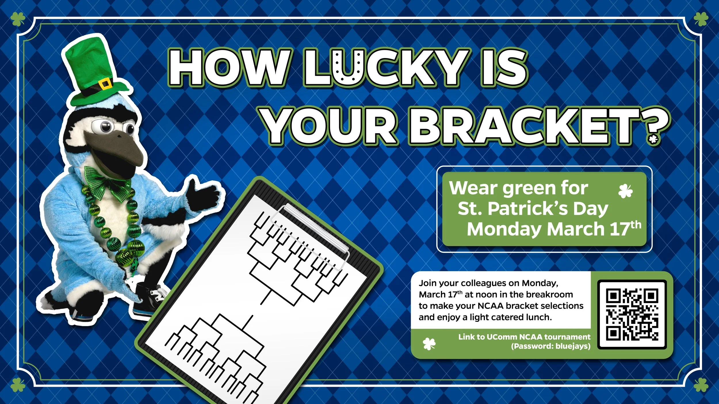 A festive flyer with a cartoon bird mascot dressed in a green leprechaun hat, green beads, and a green bowtie. The background features a blue plaid pattern, with text asking about wearing green for St. Patrick's Day on March 17th, and details about a