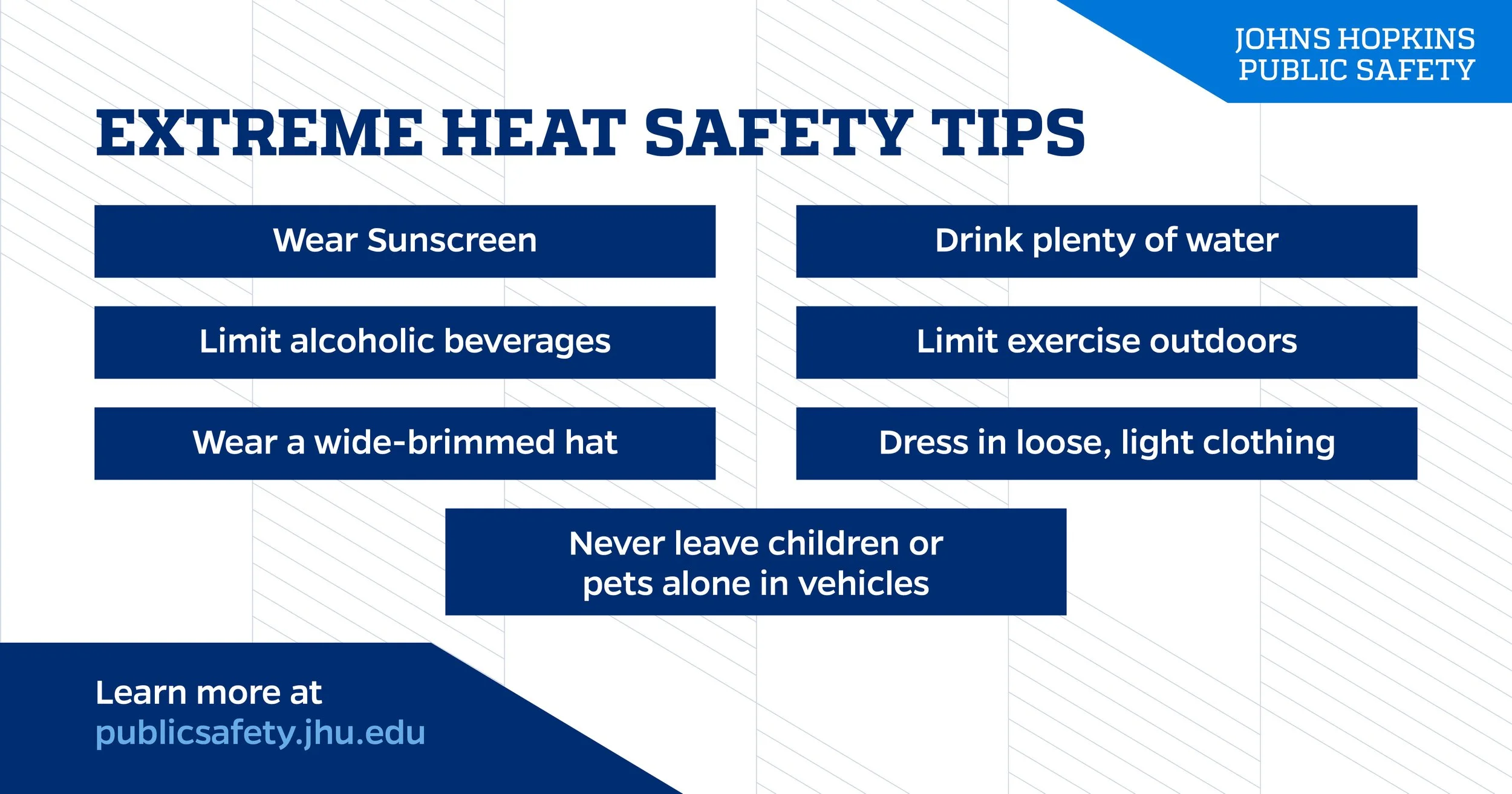 A safety tips chart titled 'Extreme Heat Safety Tips' from Johns Hopkins Public Safety, listing advice such as wearing sunscreen, drinking water, limiting alcohol and outdoor exercise, wearing a wide-brimmed hat, dressing lightly, and never leaving c